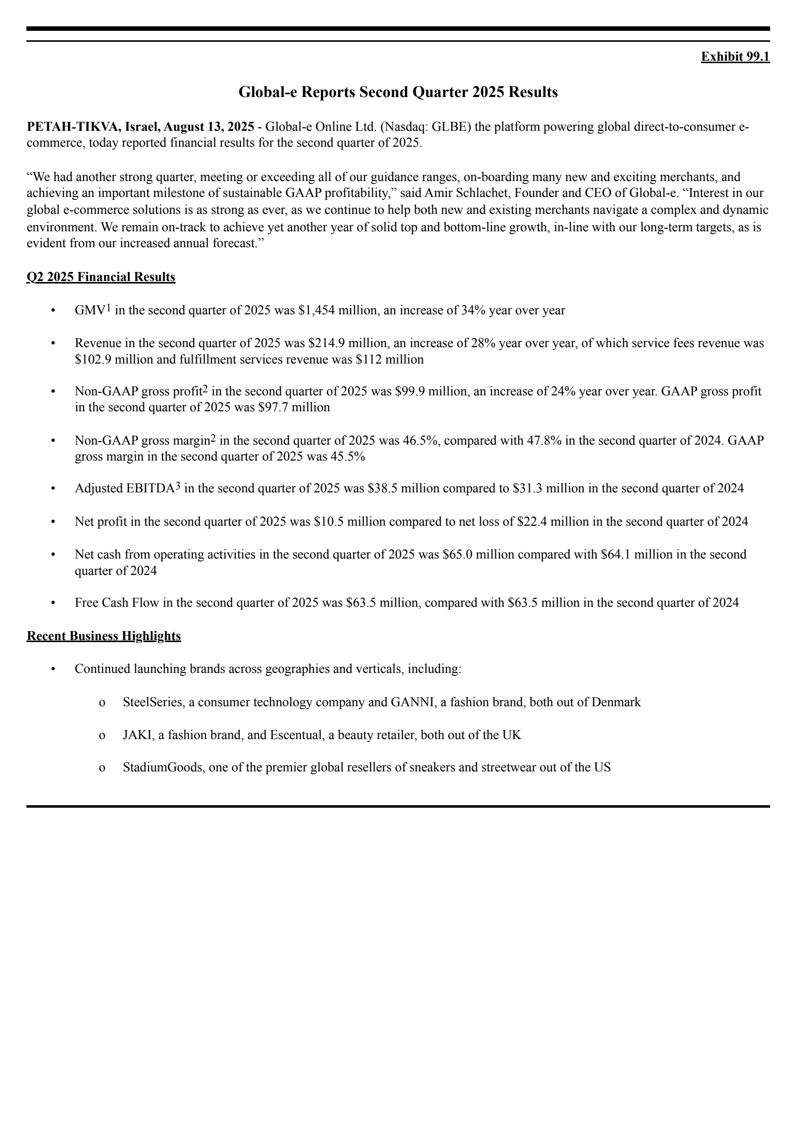 Global-e Online's Q2 2025 Press Release
