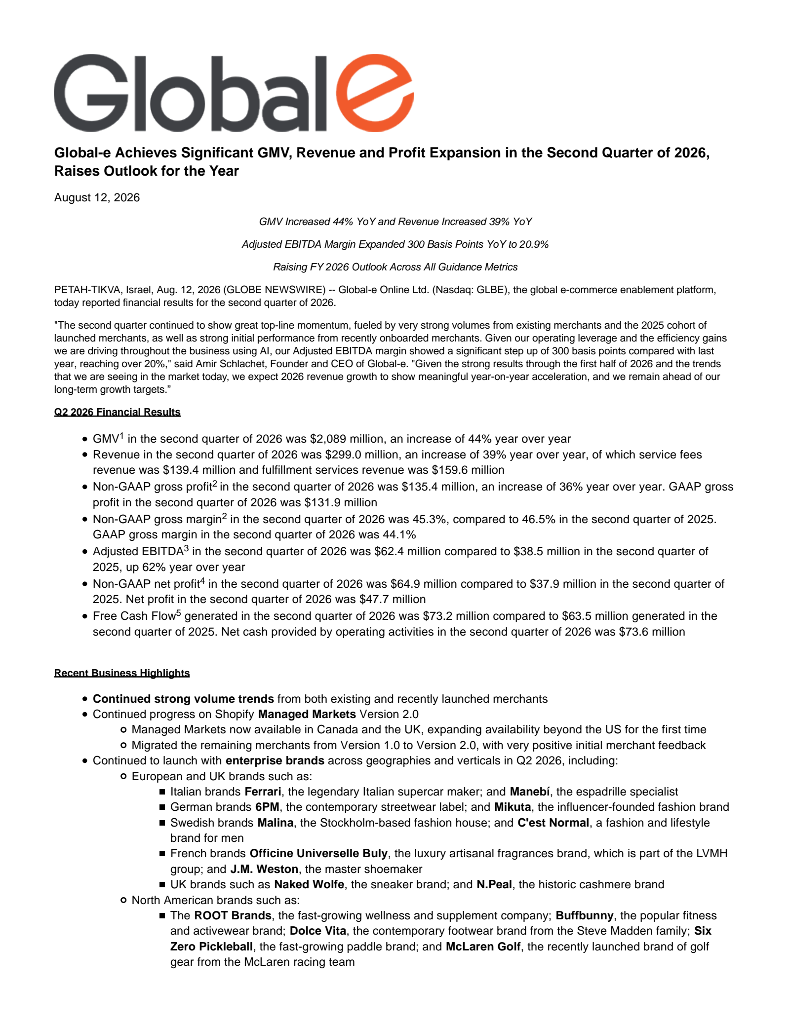 Global-e Online's Q2 2026 Press Release