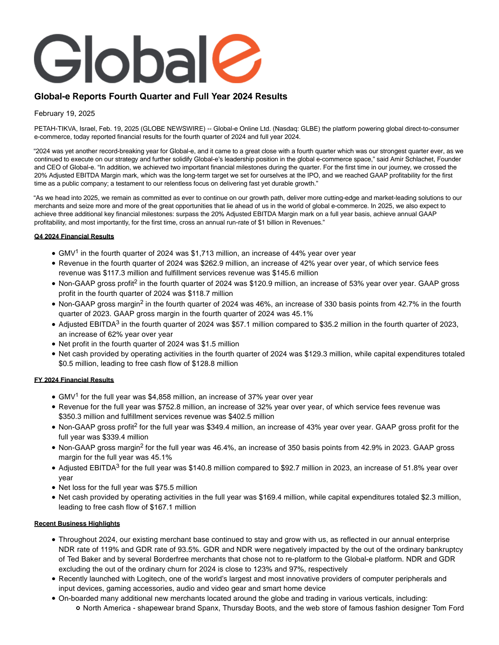 Global-e Online's Q4 2024 Press Release