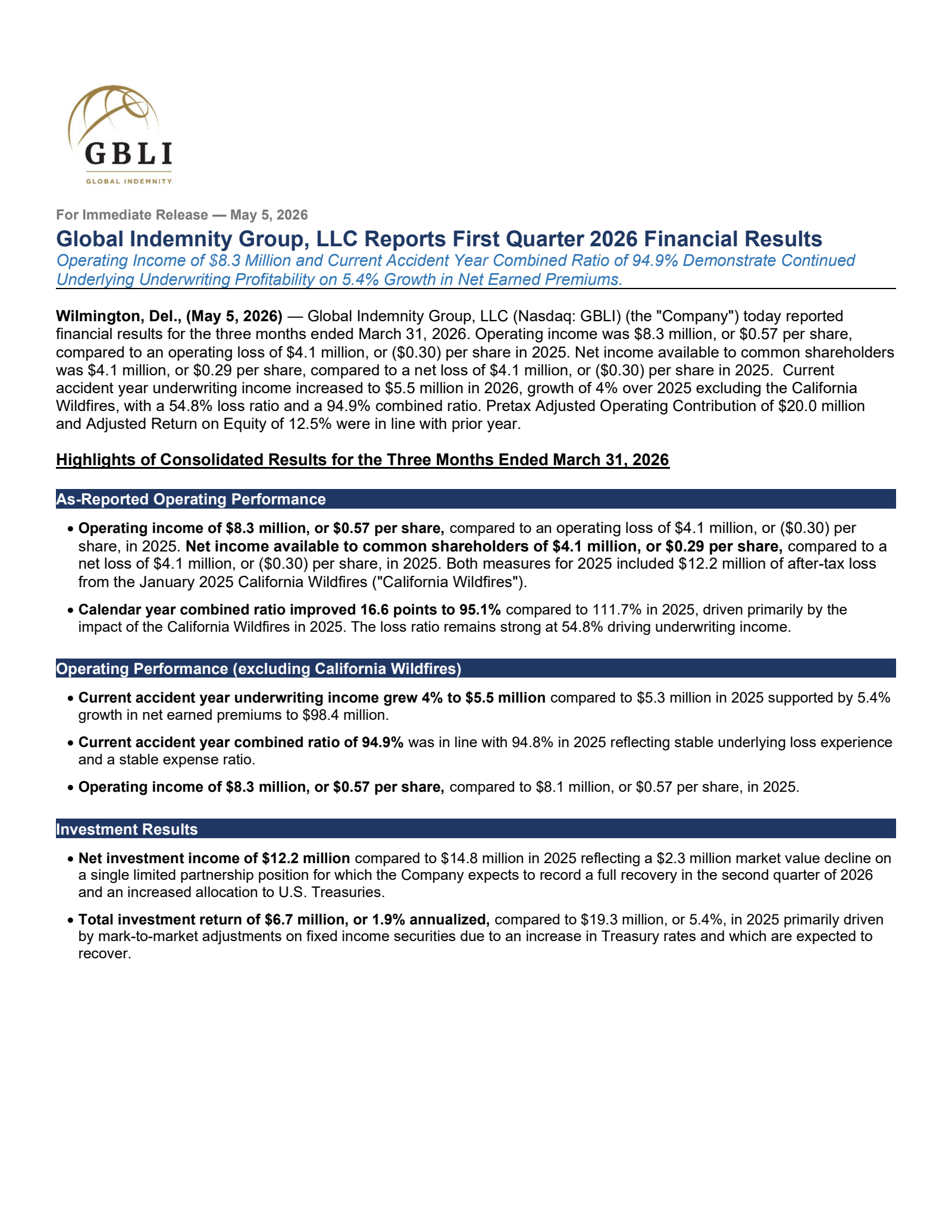 Global Indemnity Group's Q1 2026 Press Release