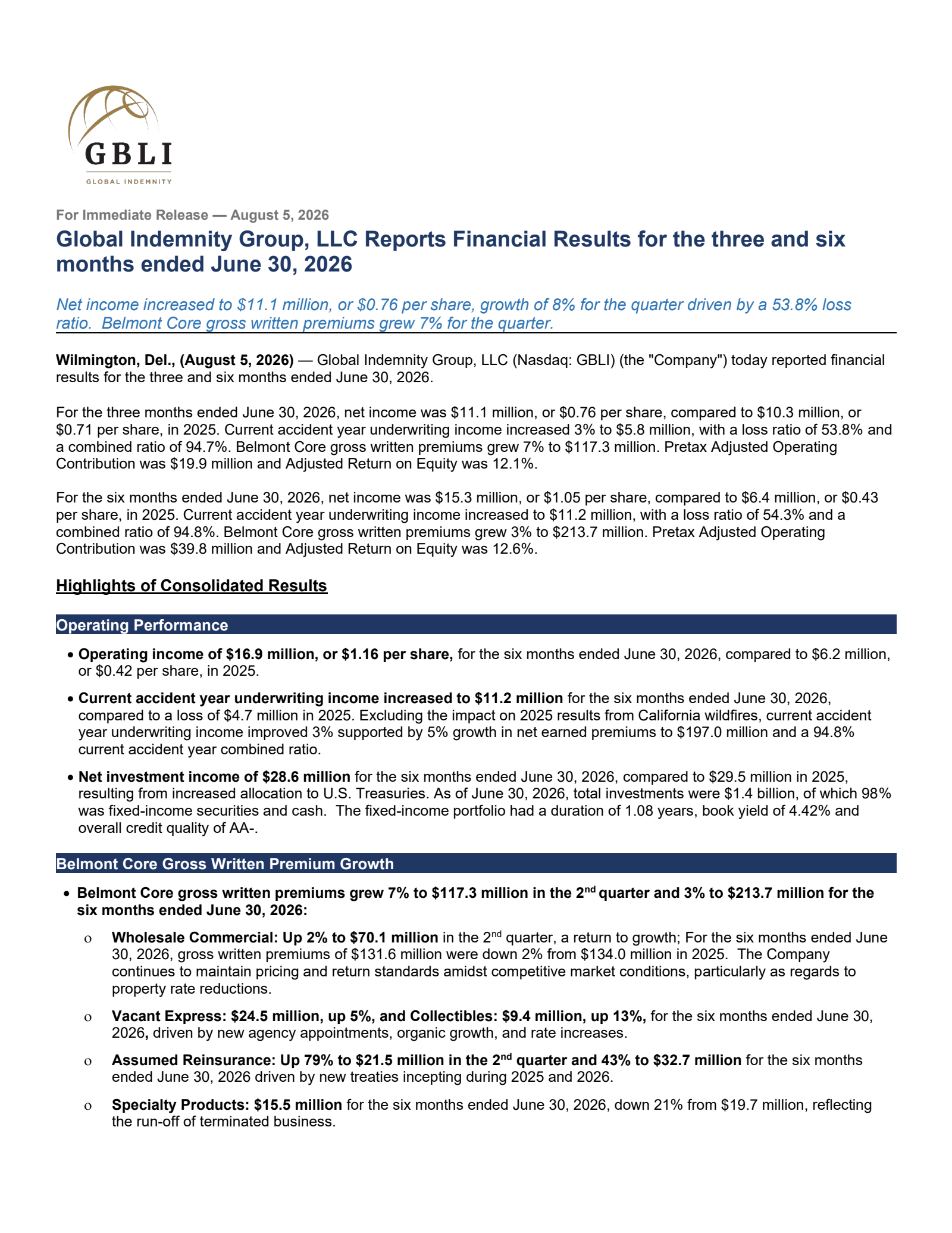 Global Indemnity Group's Q2 2026 Press Release