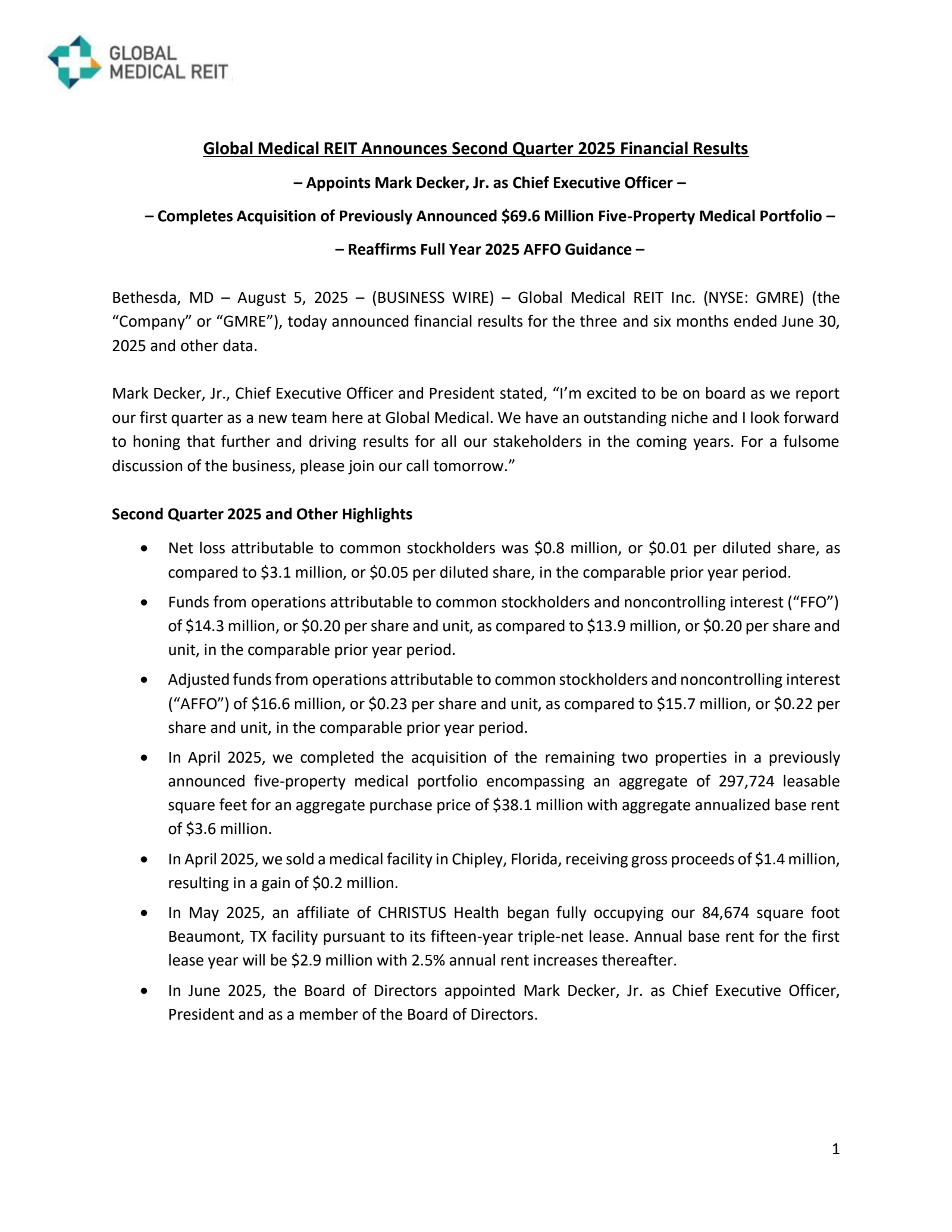 Global Medical REIT's Q2 2025 Press Release