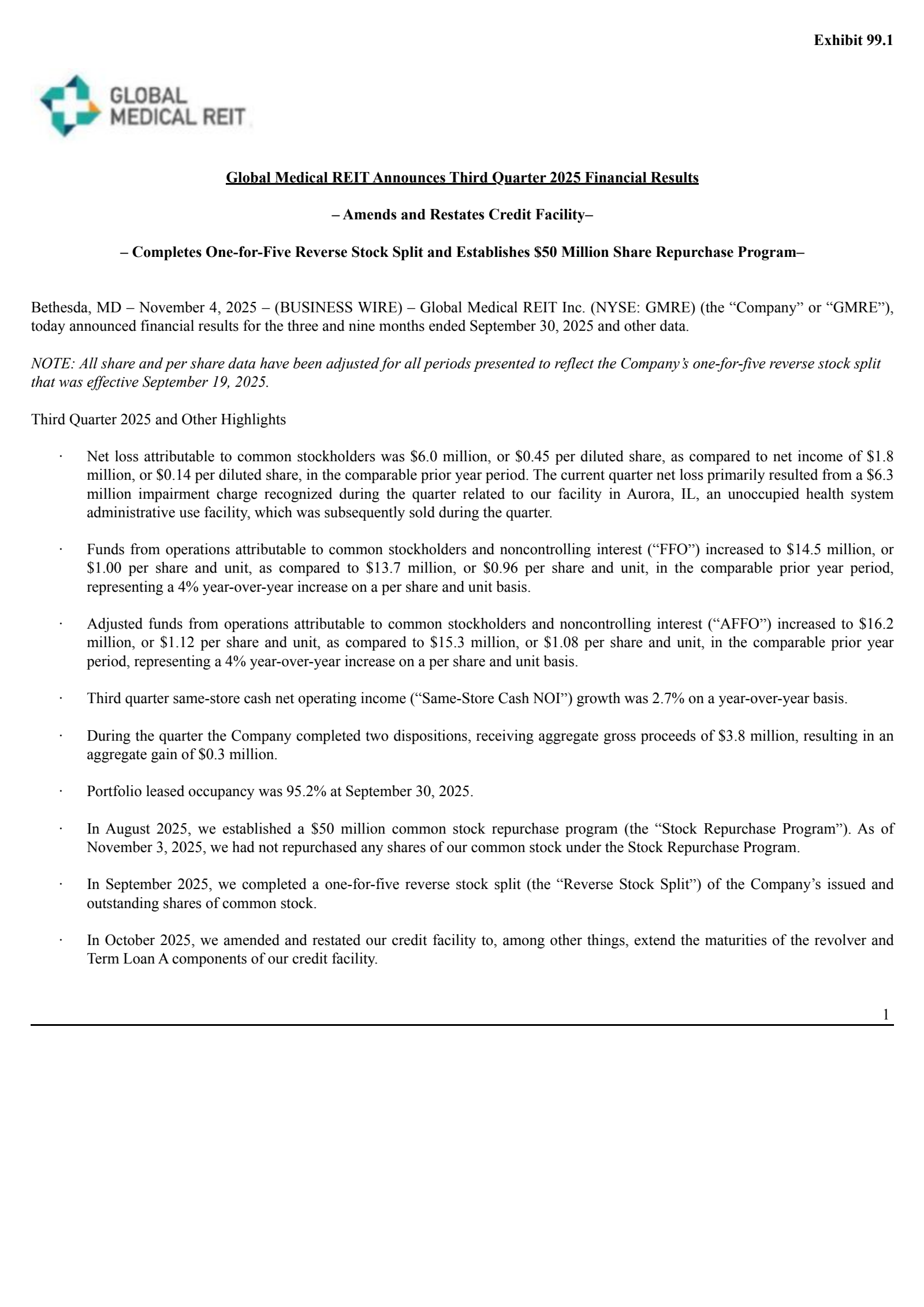 Global Medical REIT's Q3 2025 Earnings Release