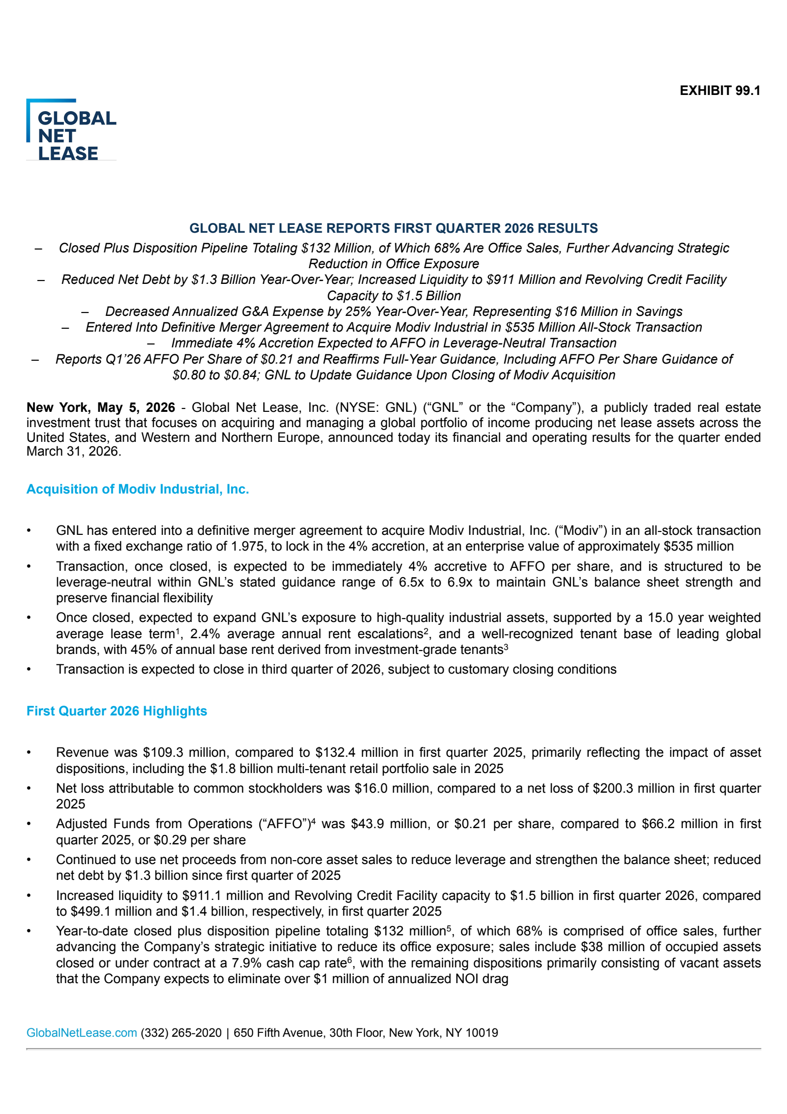 Global Net Lease's Q1 2026 Press Release