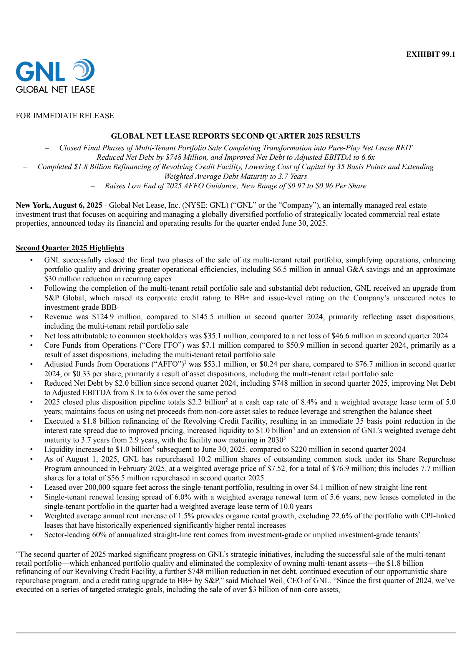 Global Net Lease's Q2 2025 Press Release
