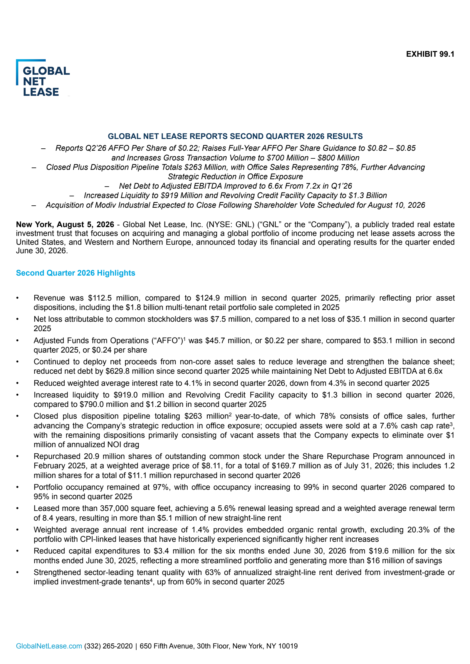 Global Net Lease's Q2 2026 Press Release