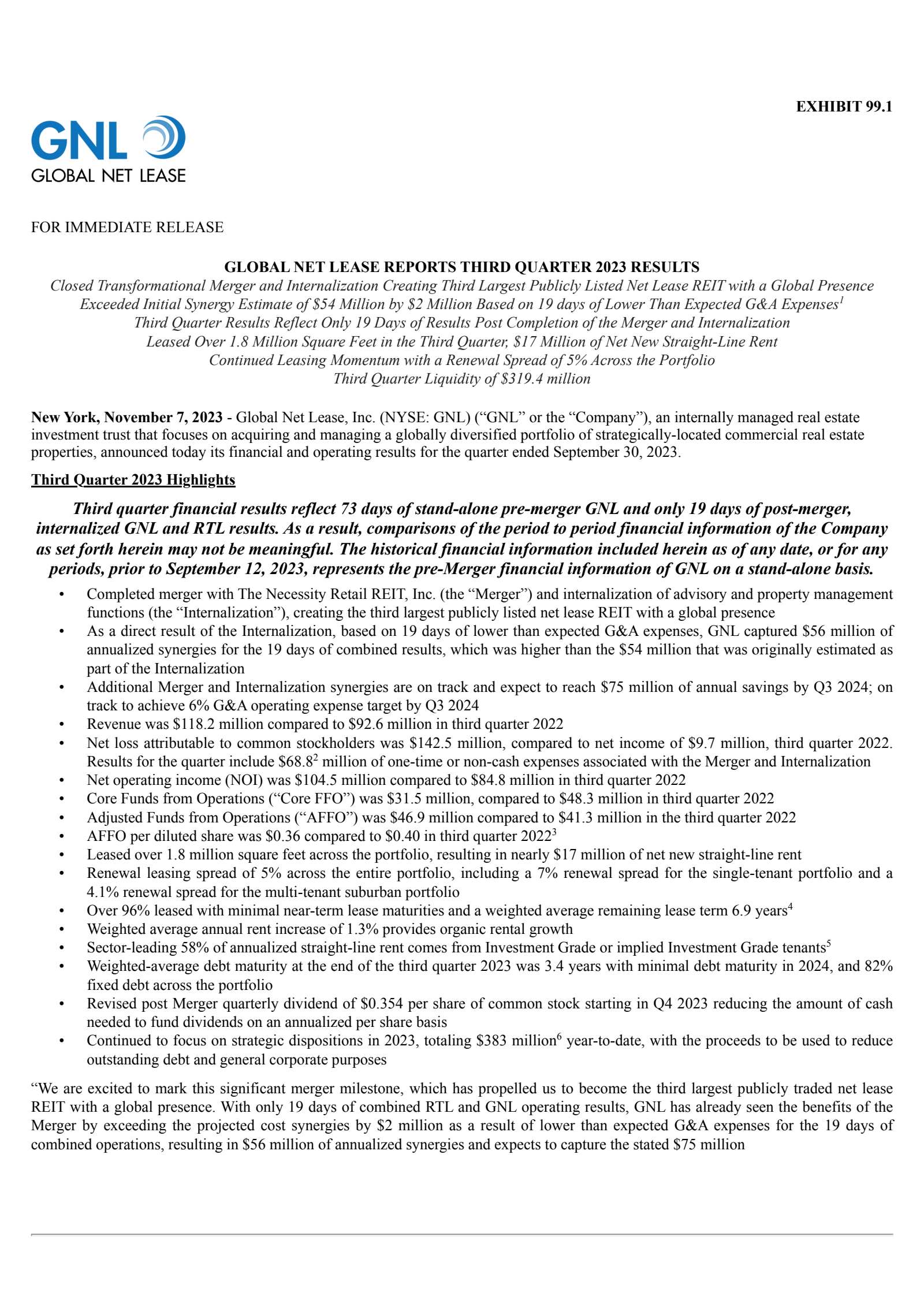 Global Net Lease's Q3 2023 Press Release