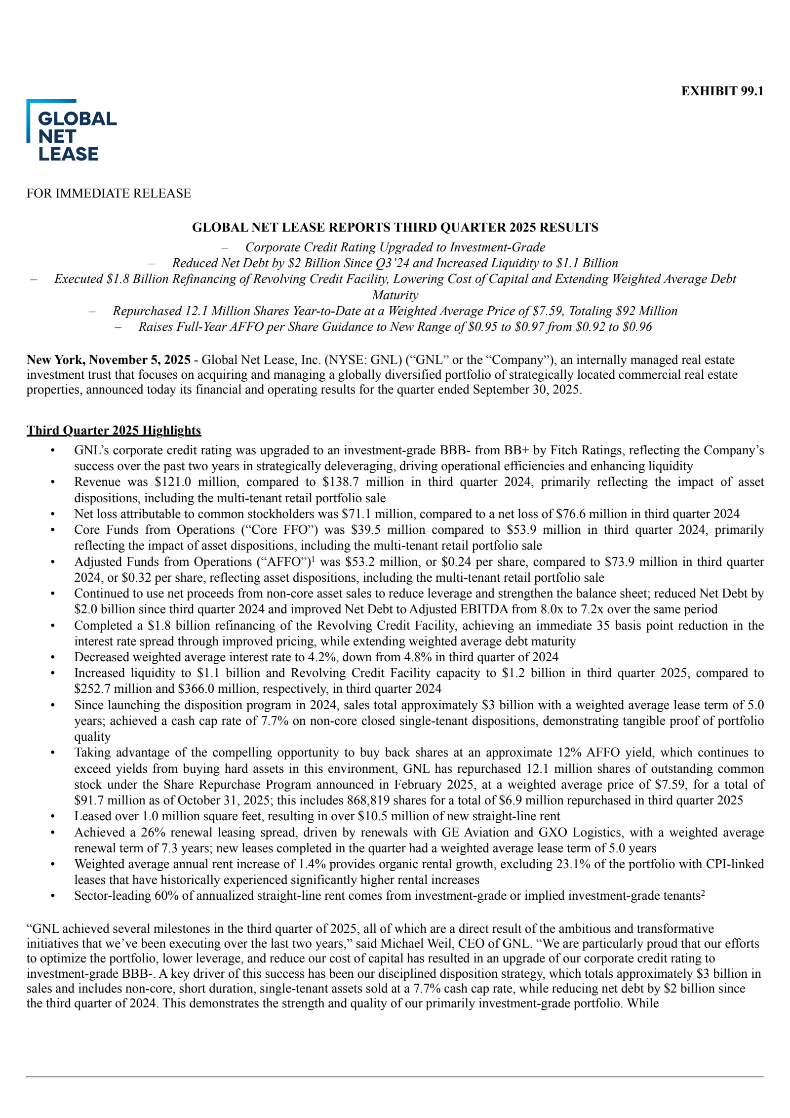 Global Net Lease's Q3 2025 Earnings Release