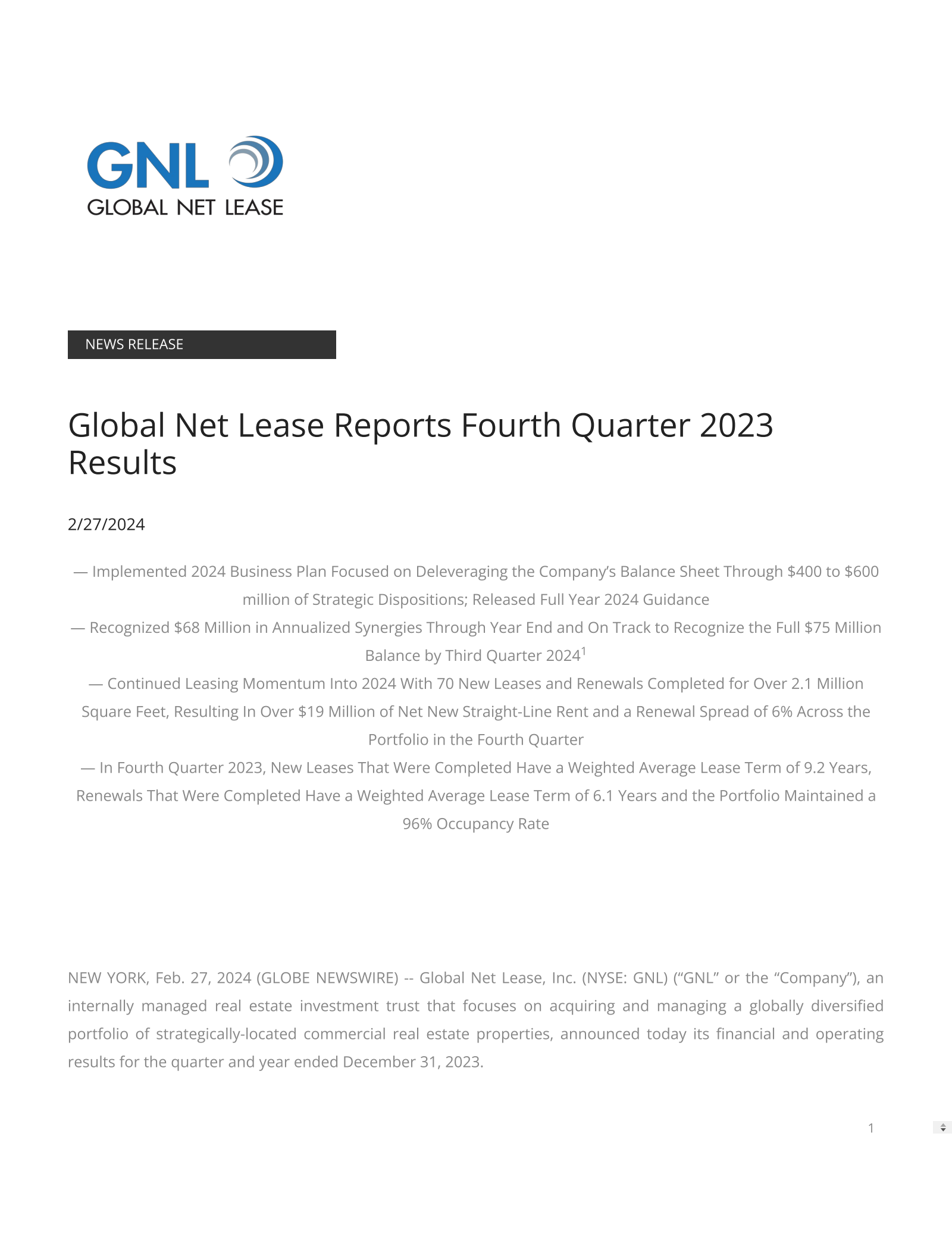 Global Net Lease's Q4 2023 Press Release