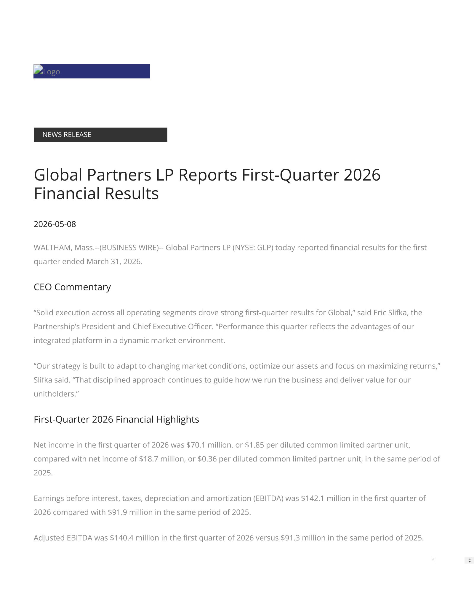 Global Partners' Q1 2026 Press Release