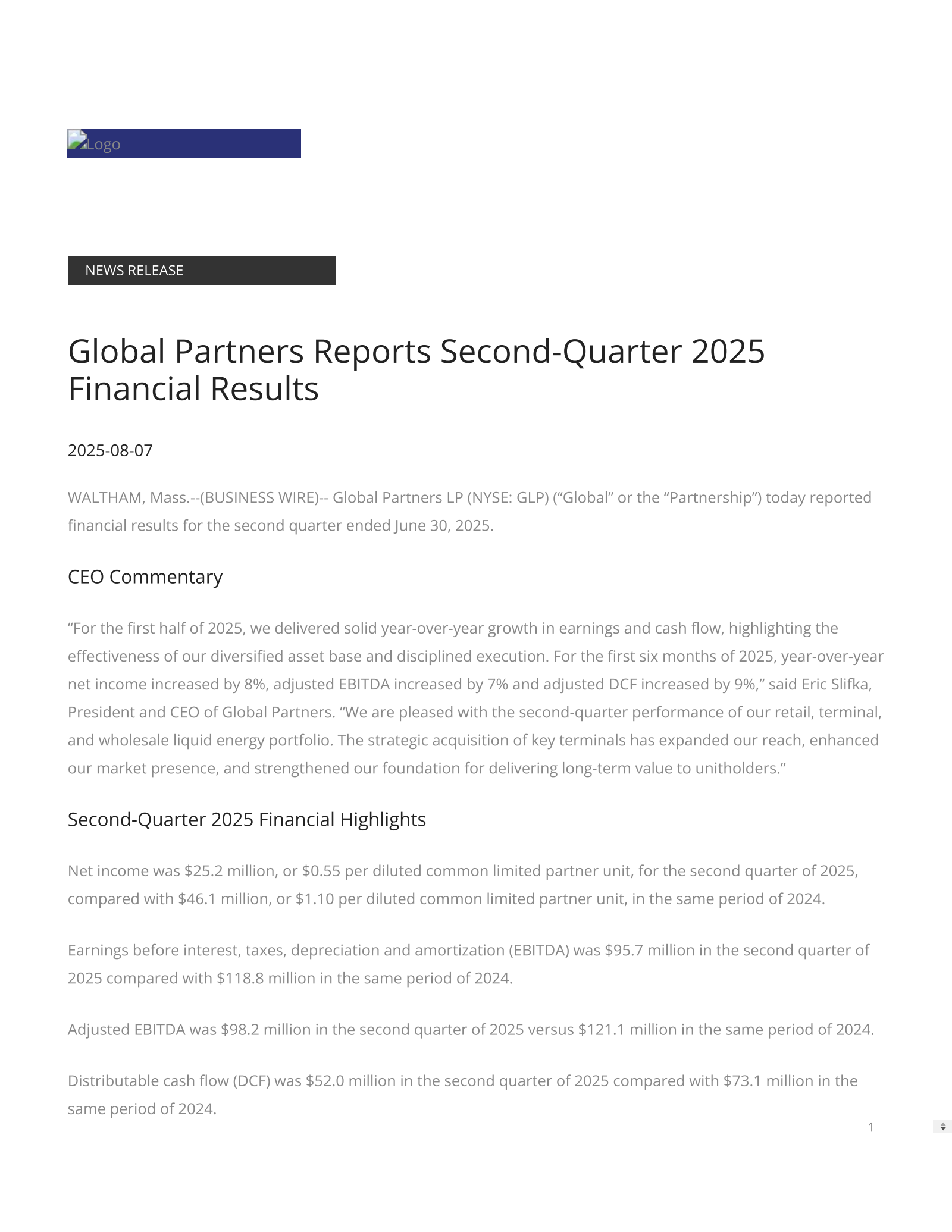 Global Partners' Q2 2025 Press Release