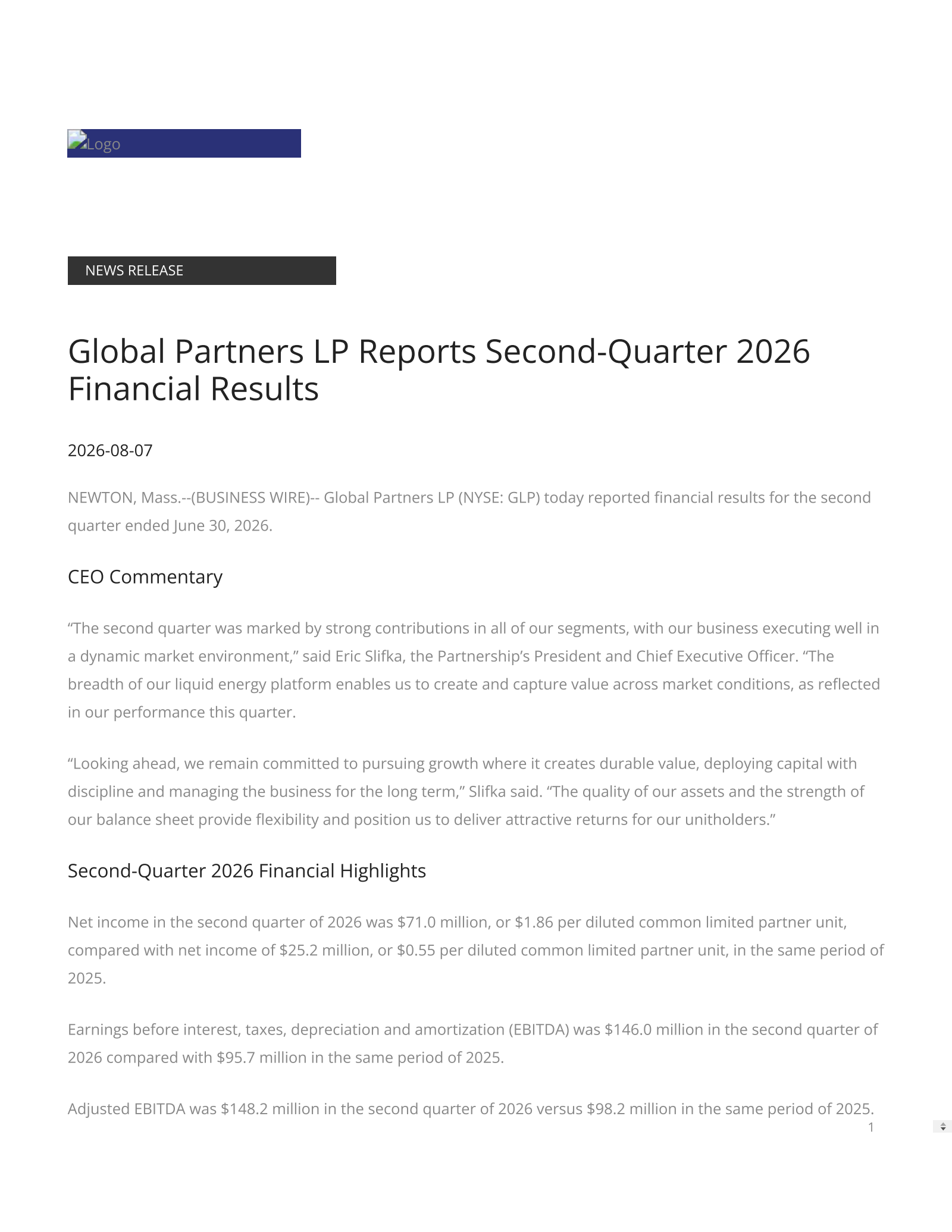 Global Partners' Q2 2026 Press Release
