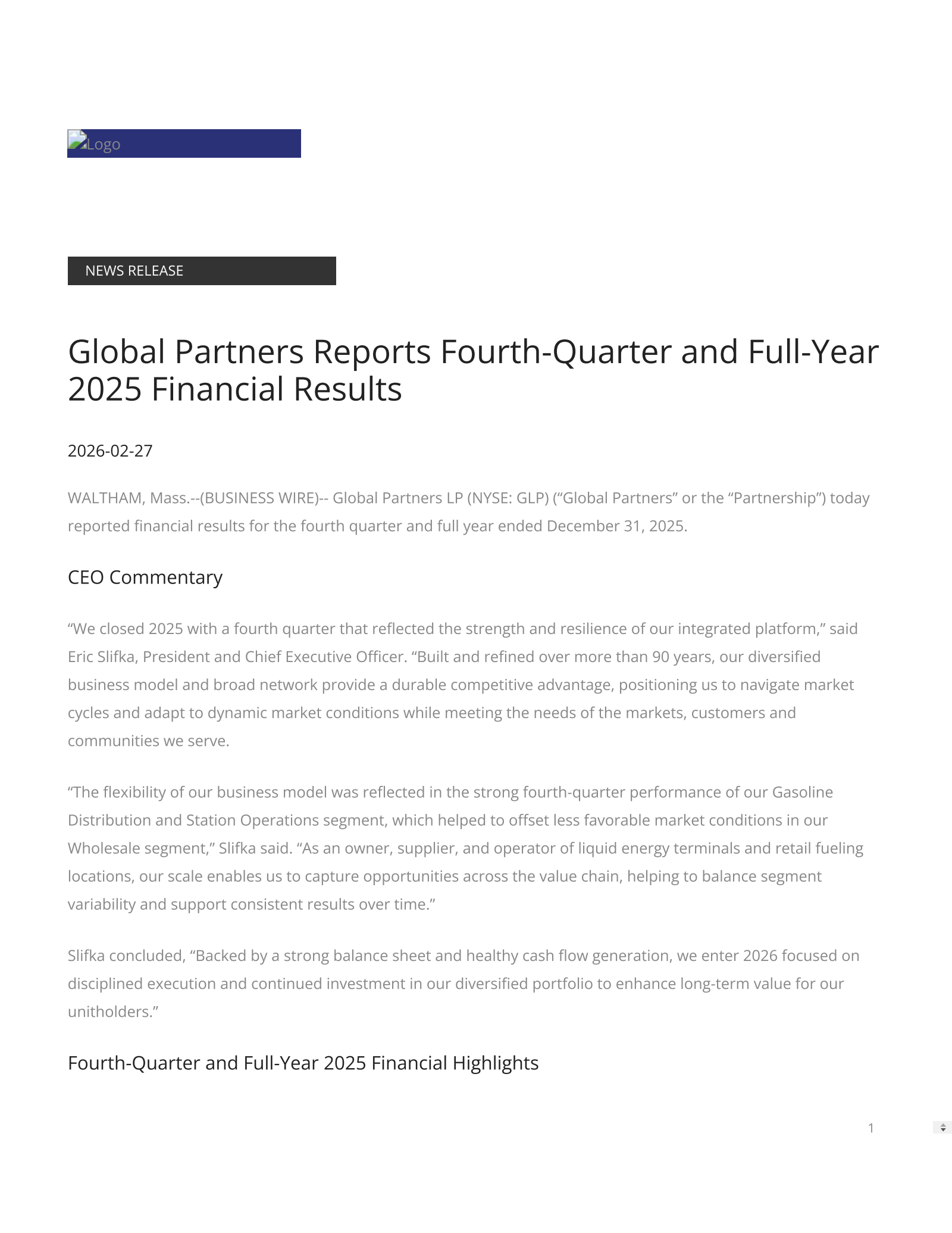 Global Partners' Q4 2025 Press Release