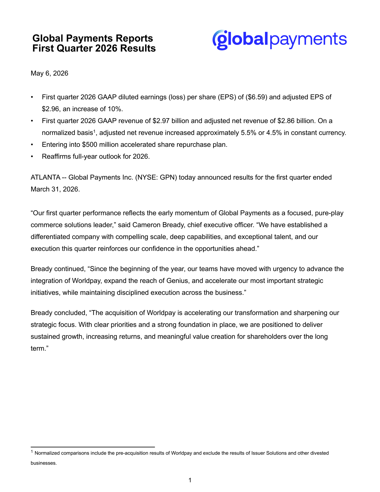 Global Payments' Q1 2026 Press Release