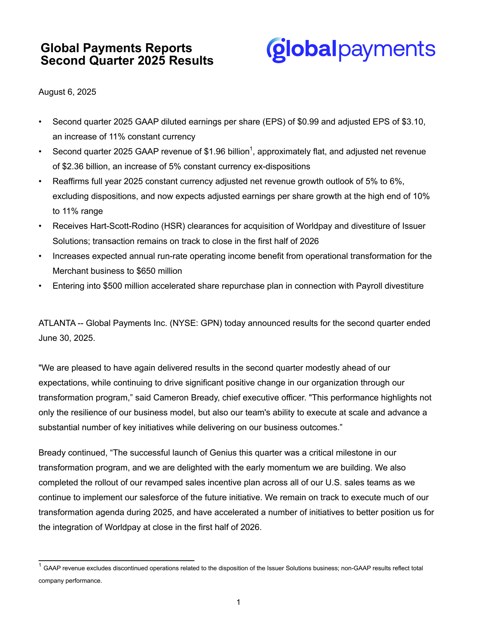 Global Payments' Q2 2025 Press Release