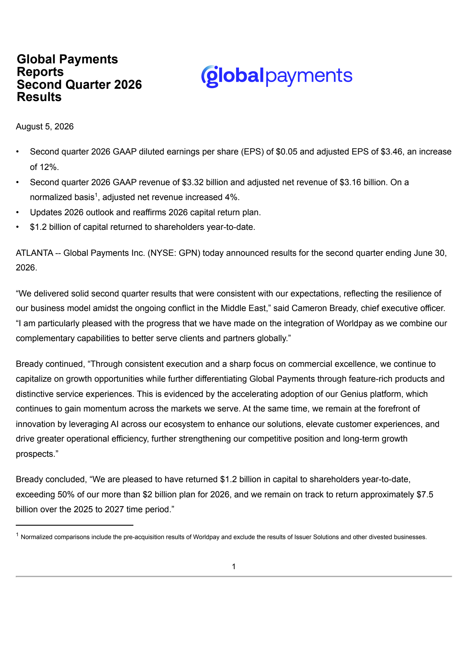 Global Payments' Q2 2026 Press Release