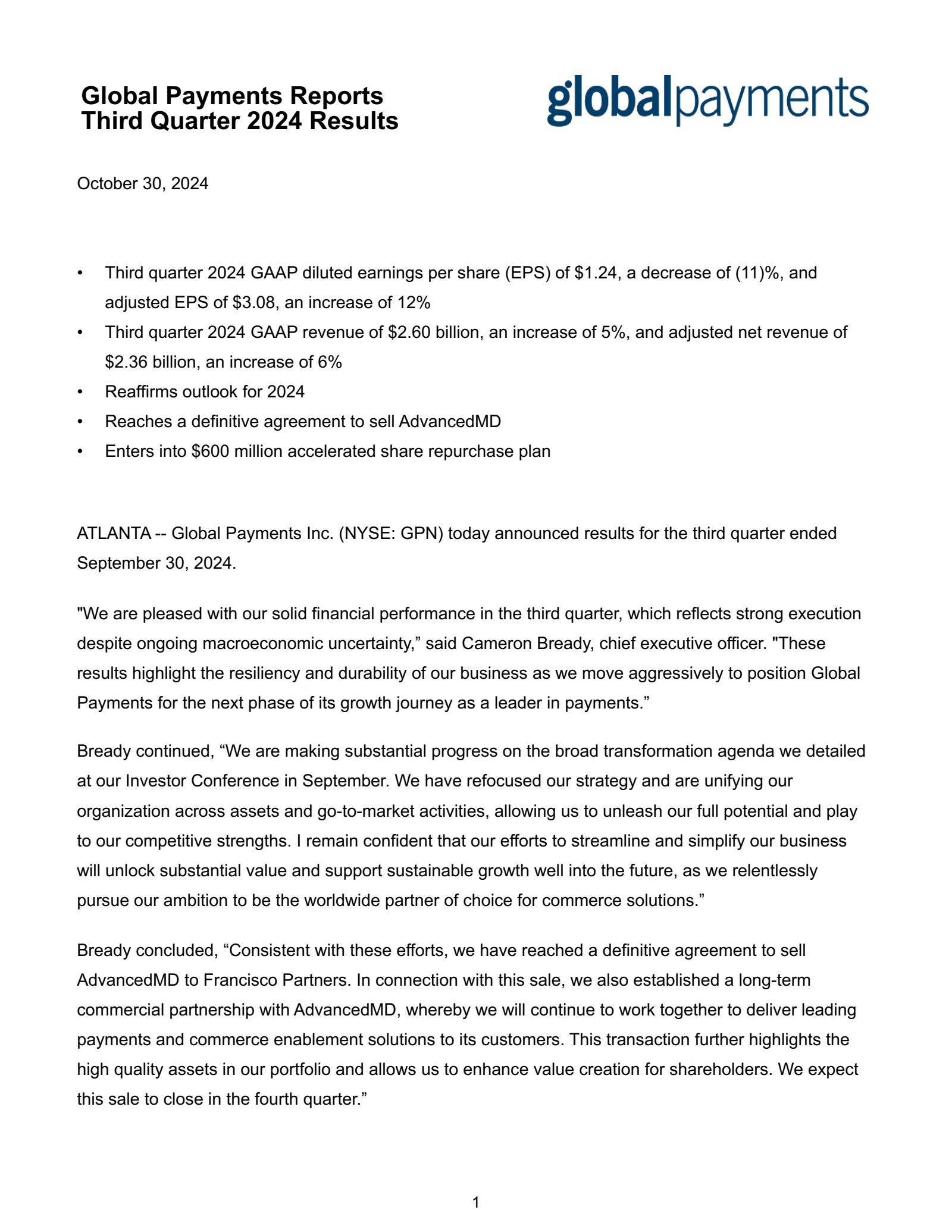 GPN Q3 2024 Earnings Report on 10/30/2024