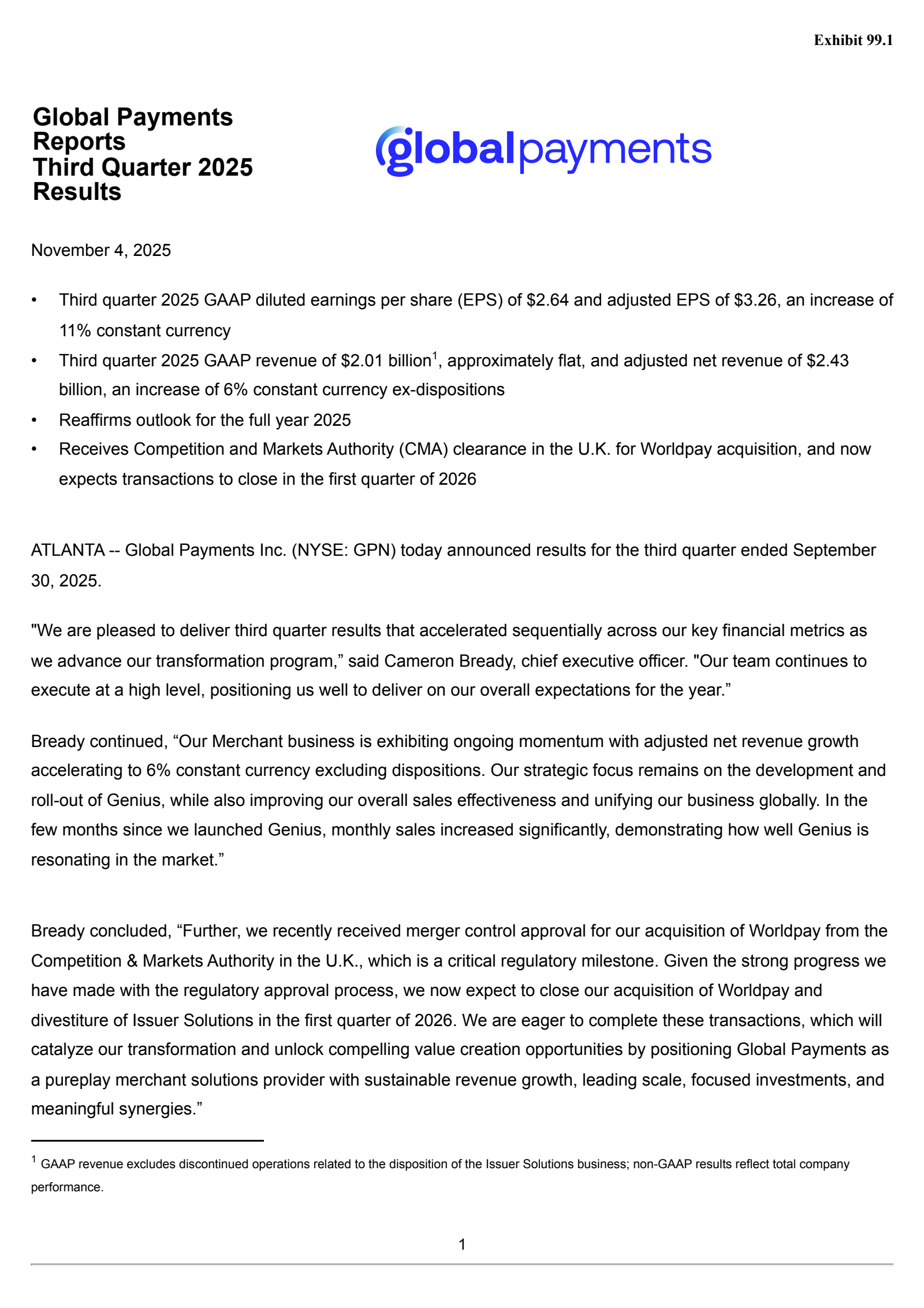 Global Payments' Q3 2025 Earnings Release