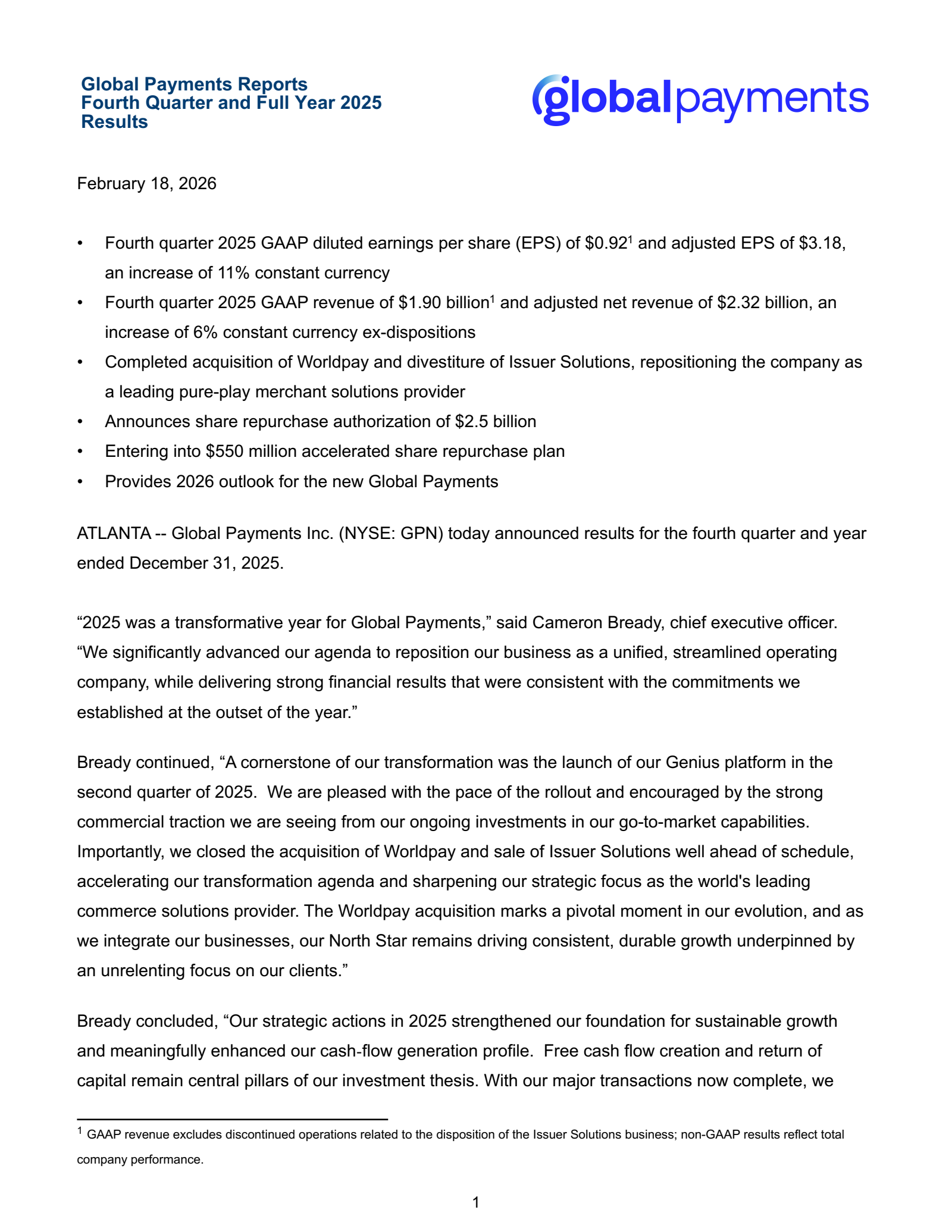 Global Payments' Q4 2025 Press Release