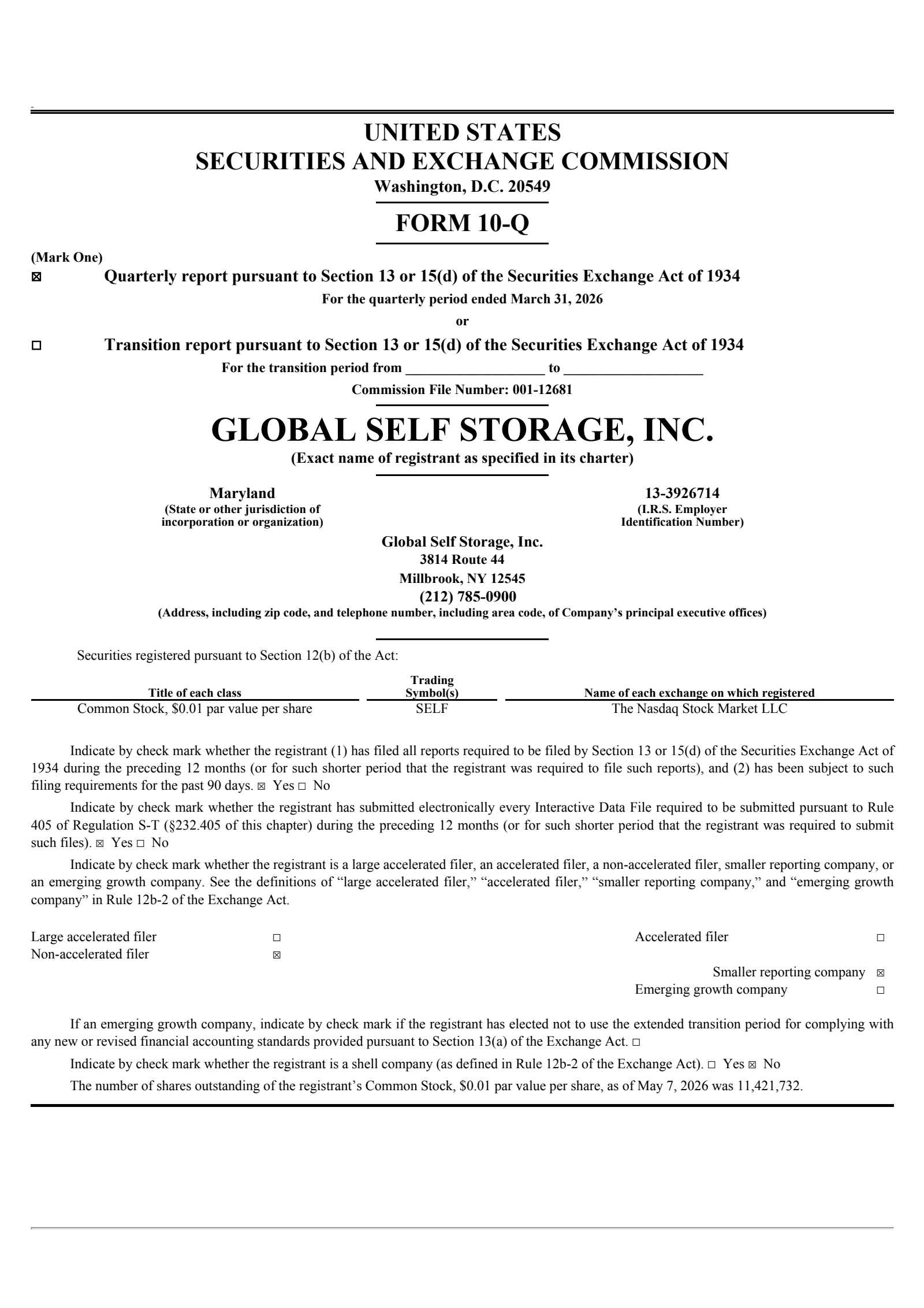 Global Self Storage's Q1 2026 Quarterly report