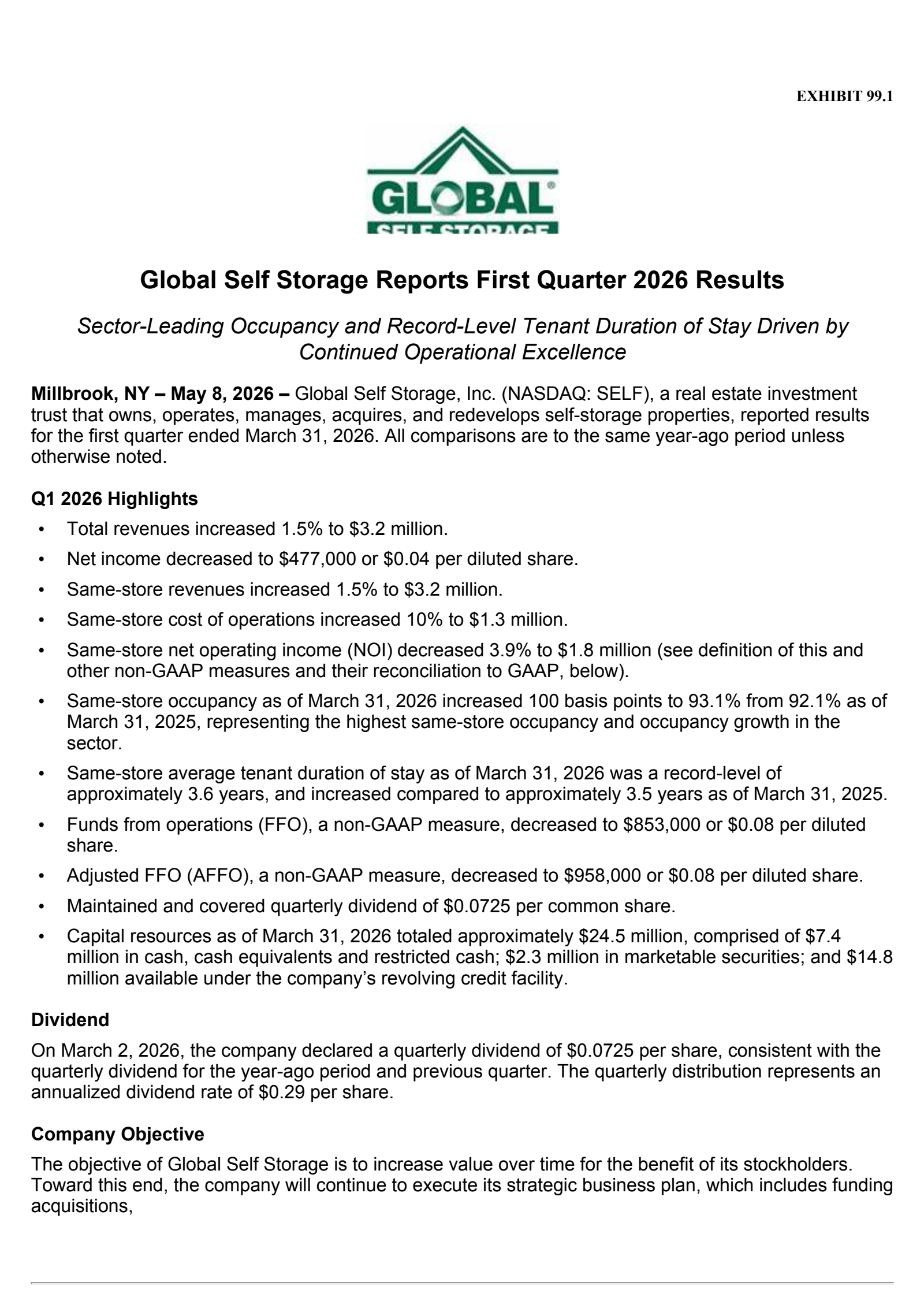 Global Self Storage's Q1 2026 Press Release