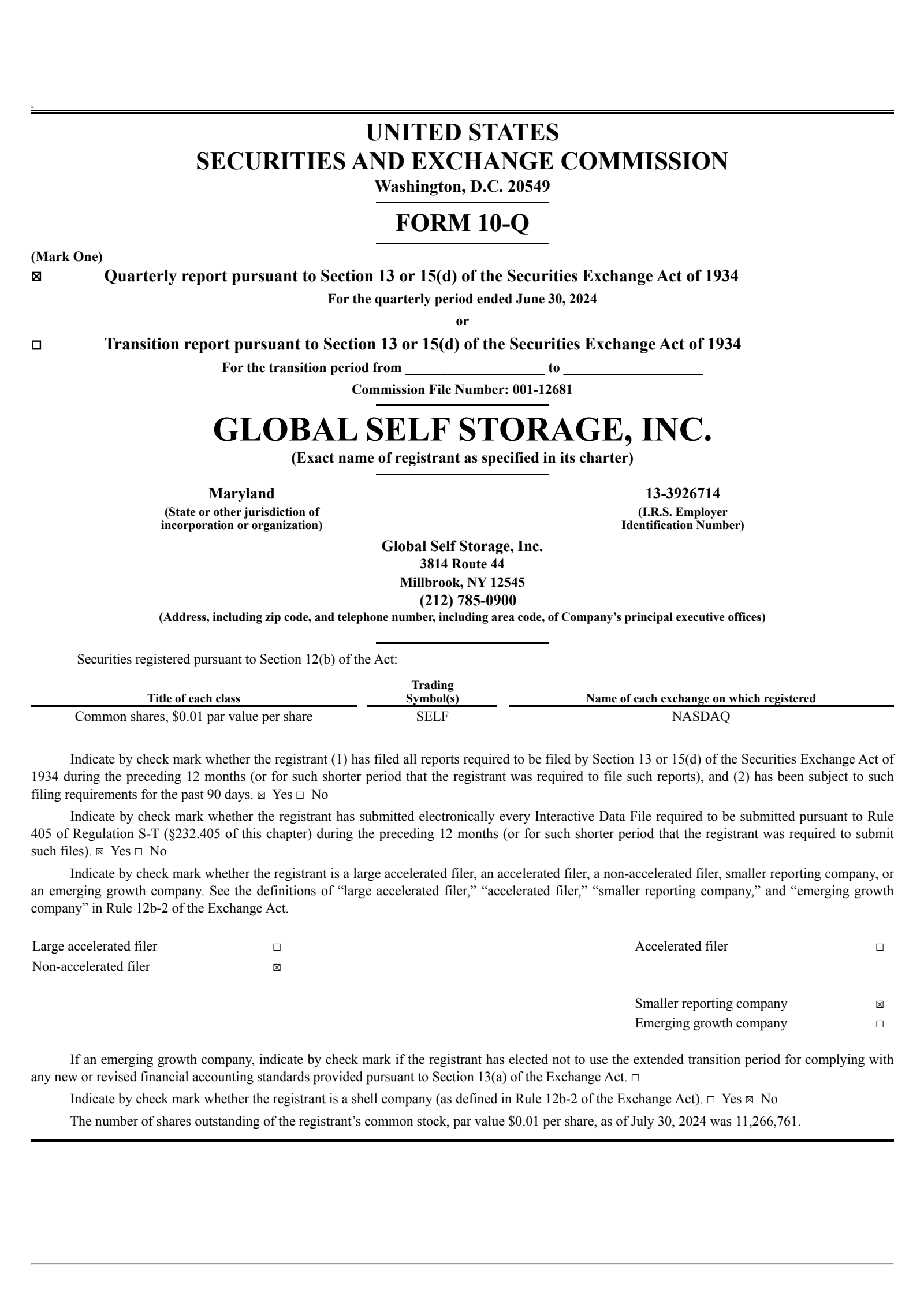 Global Self Storage's Q2 2024 Quarterly report