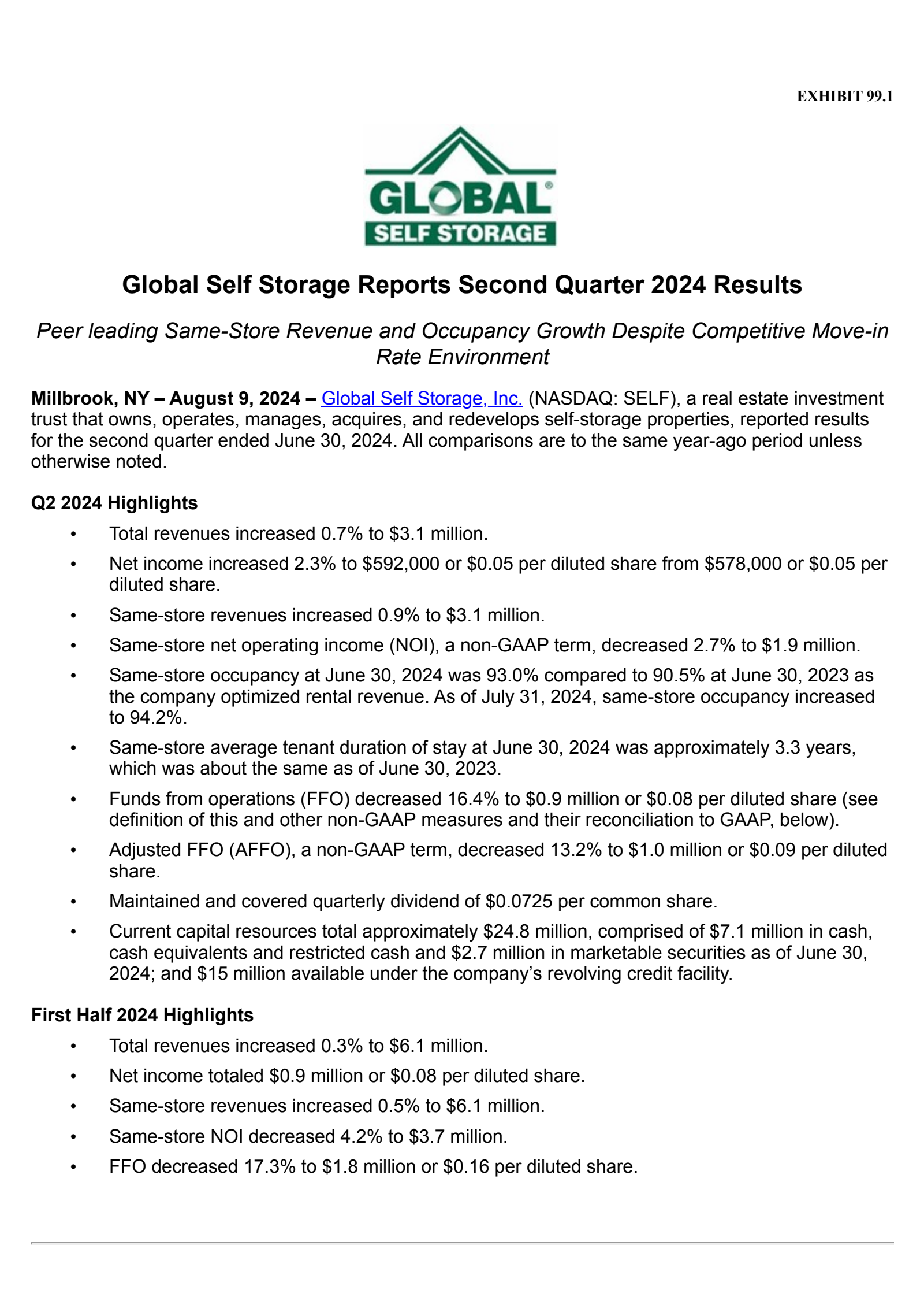 Global Self Storage's Q2 2024 Press Release