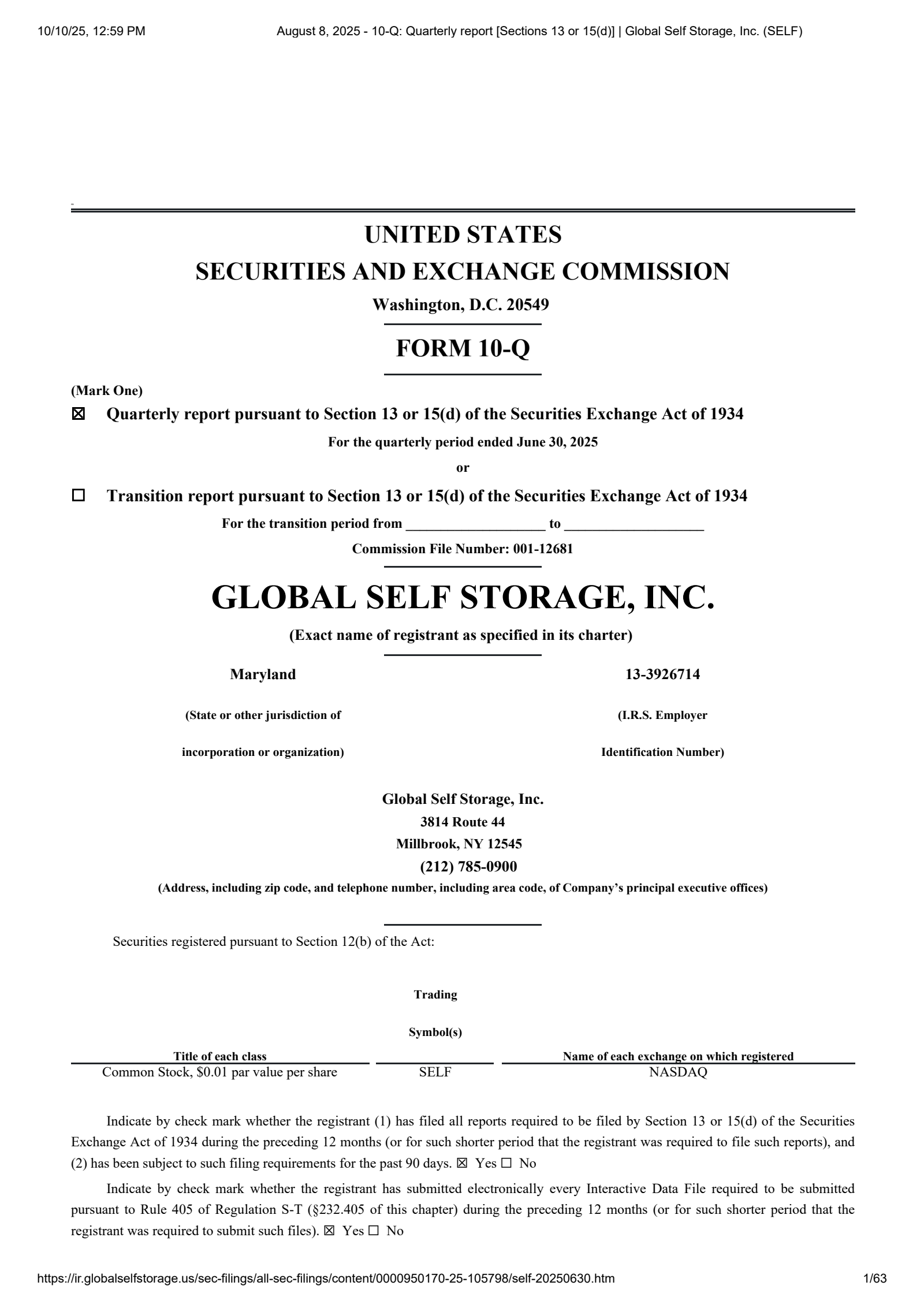 Global Self Storage's Q2 2025 Quarterly Report