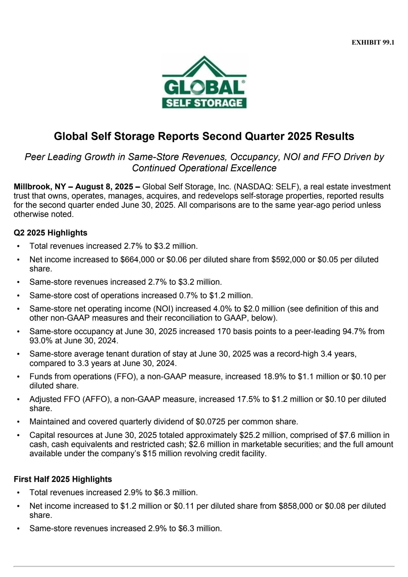 Global Self Storage's Q2 2025 Press Release