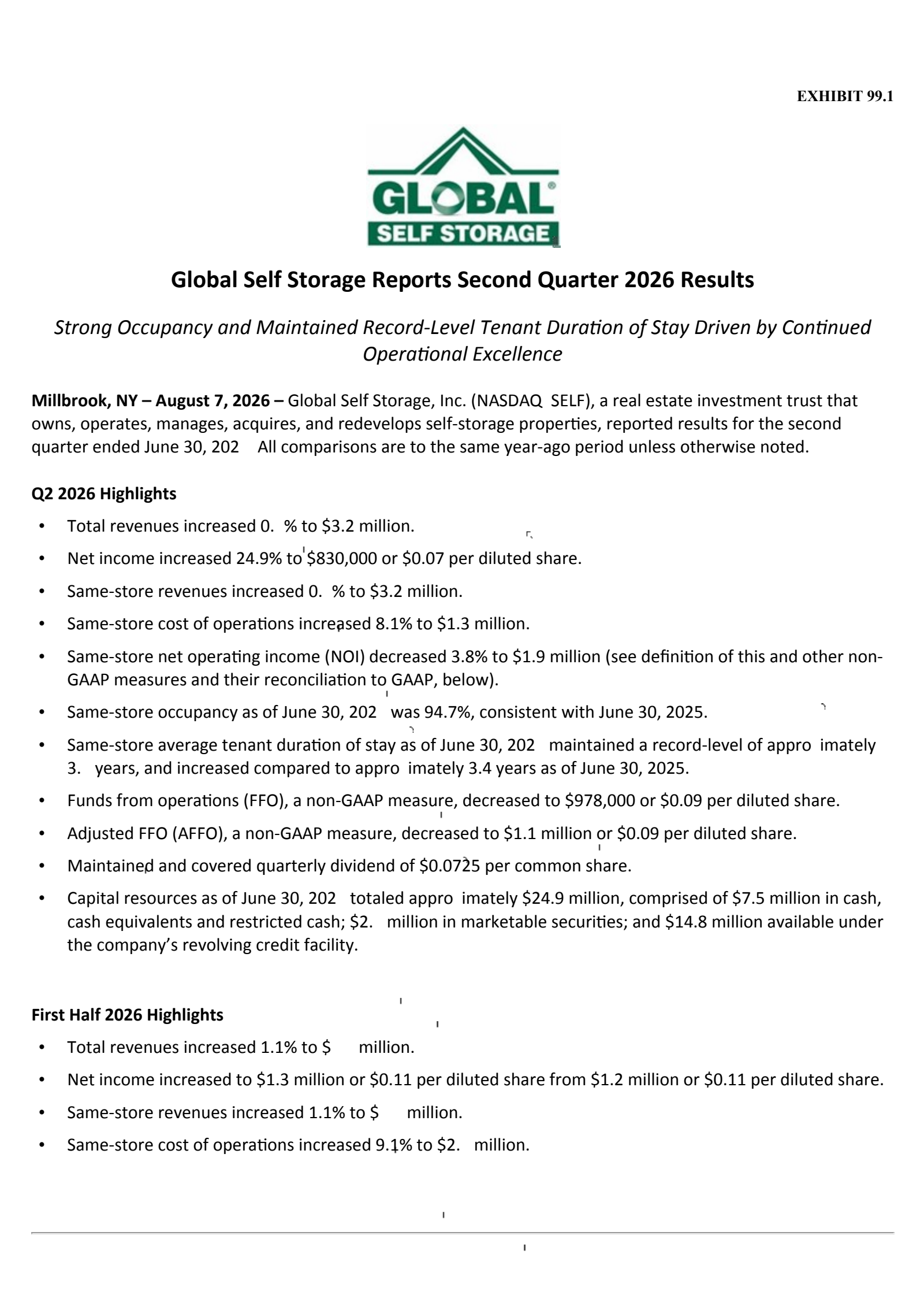 Global Self Storage's Q2 2026 Press Release