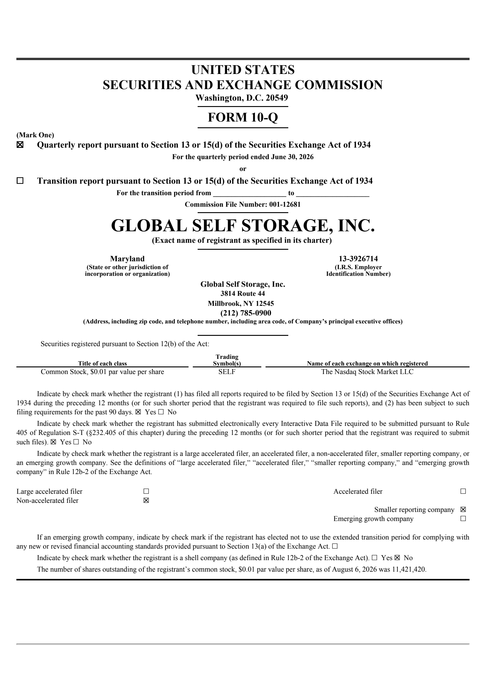 Global Self Storage's Q2 2026 Quarterly report