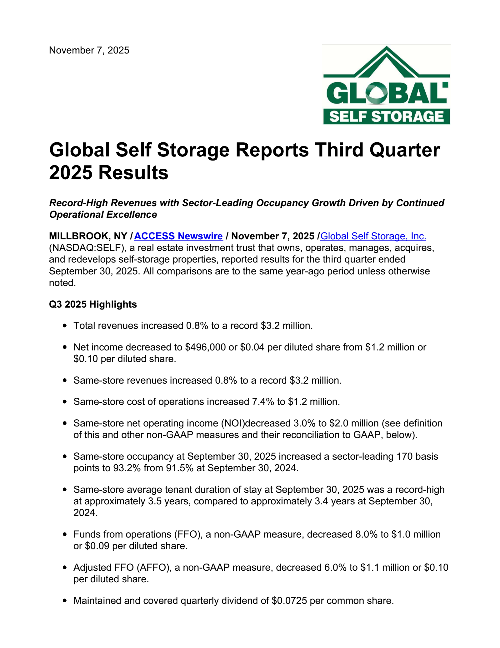 Global Self Storage's Q3 2025 Earnings Release