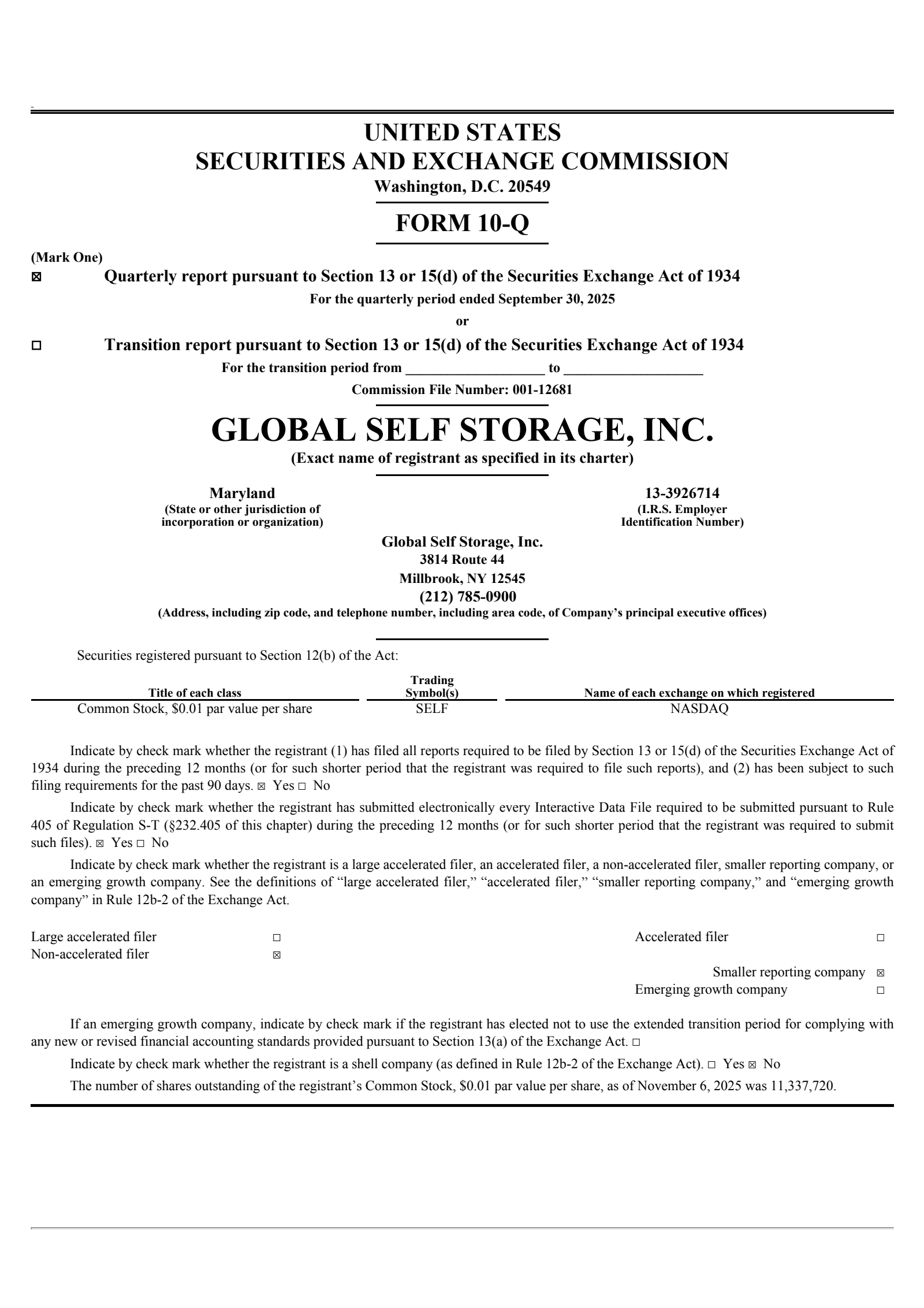 Global Self Storage's Q3 2025 Quarterly Report