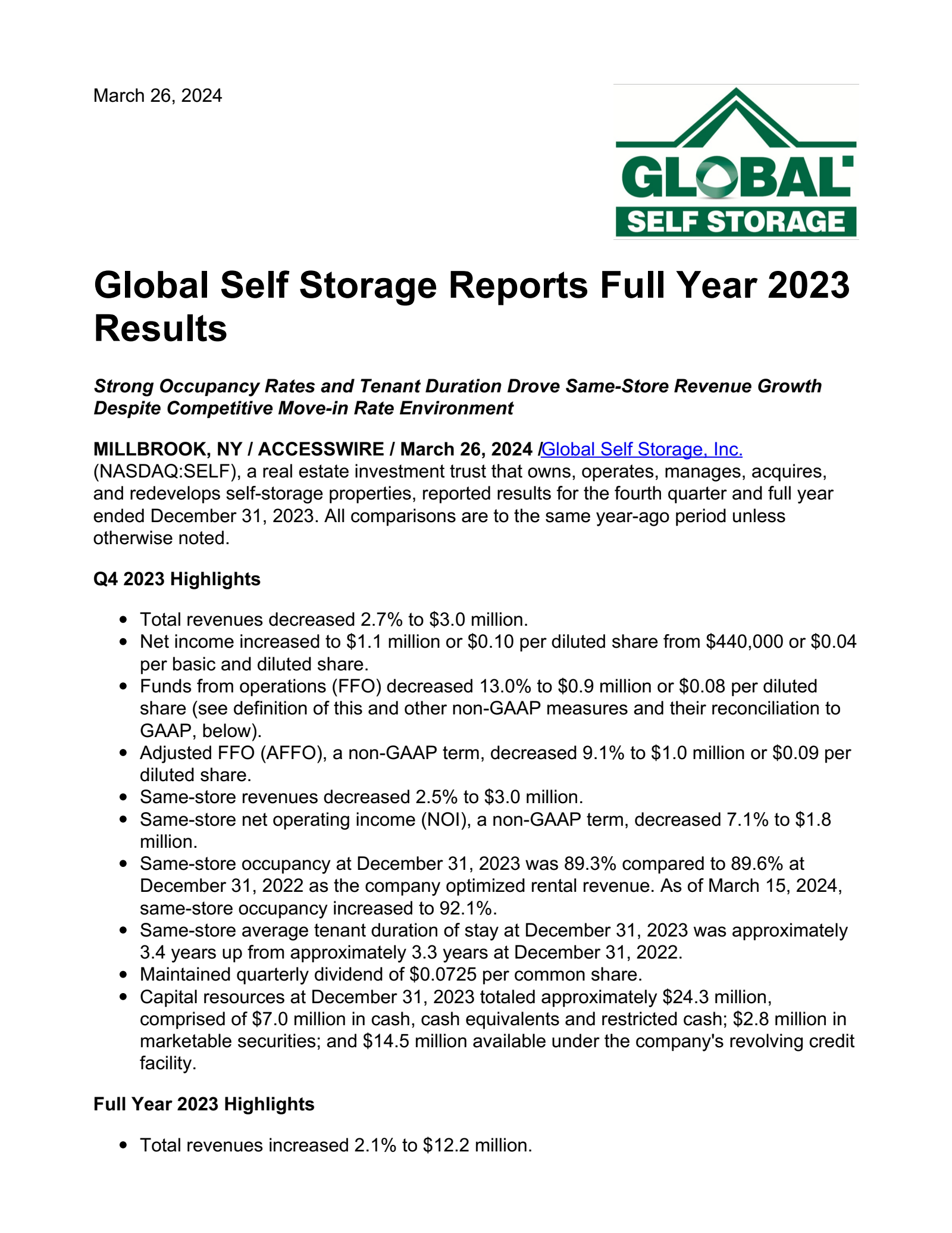 Global Self Storage's Q4 2023 Press Release