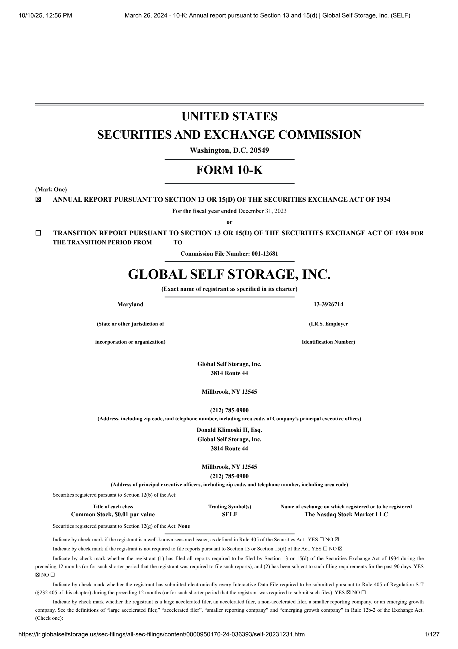 Global Self Storage's Q4 2023 Annual Report