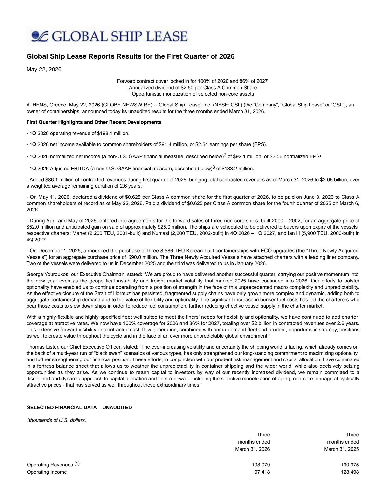 Global Ship Lease's Q1 2026 Press Release