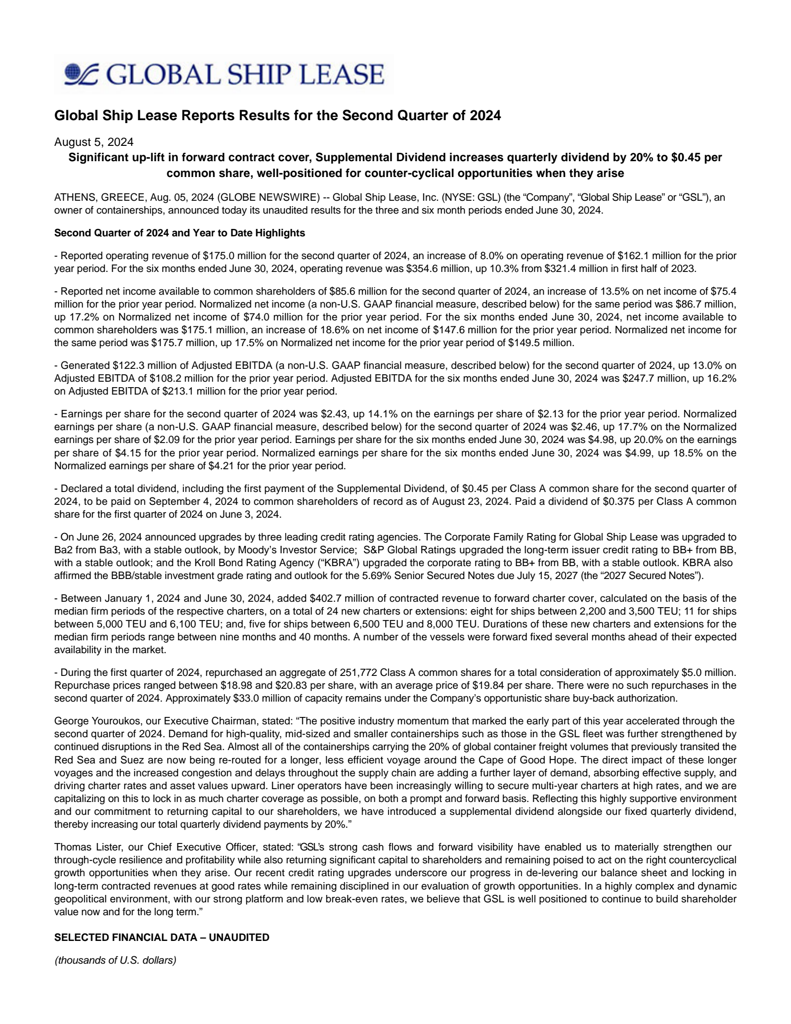 Global Ship Lease's Q2 2024 Press Release