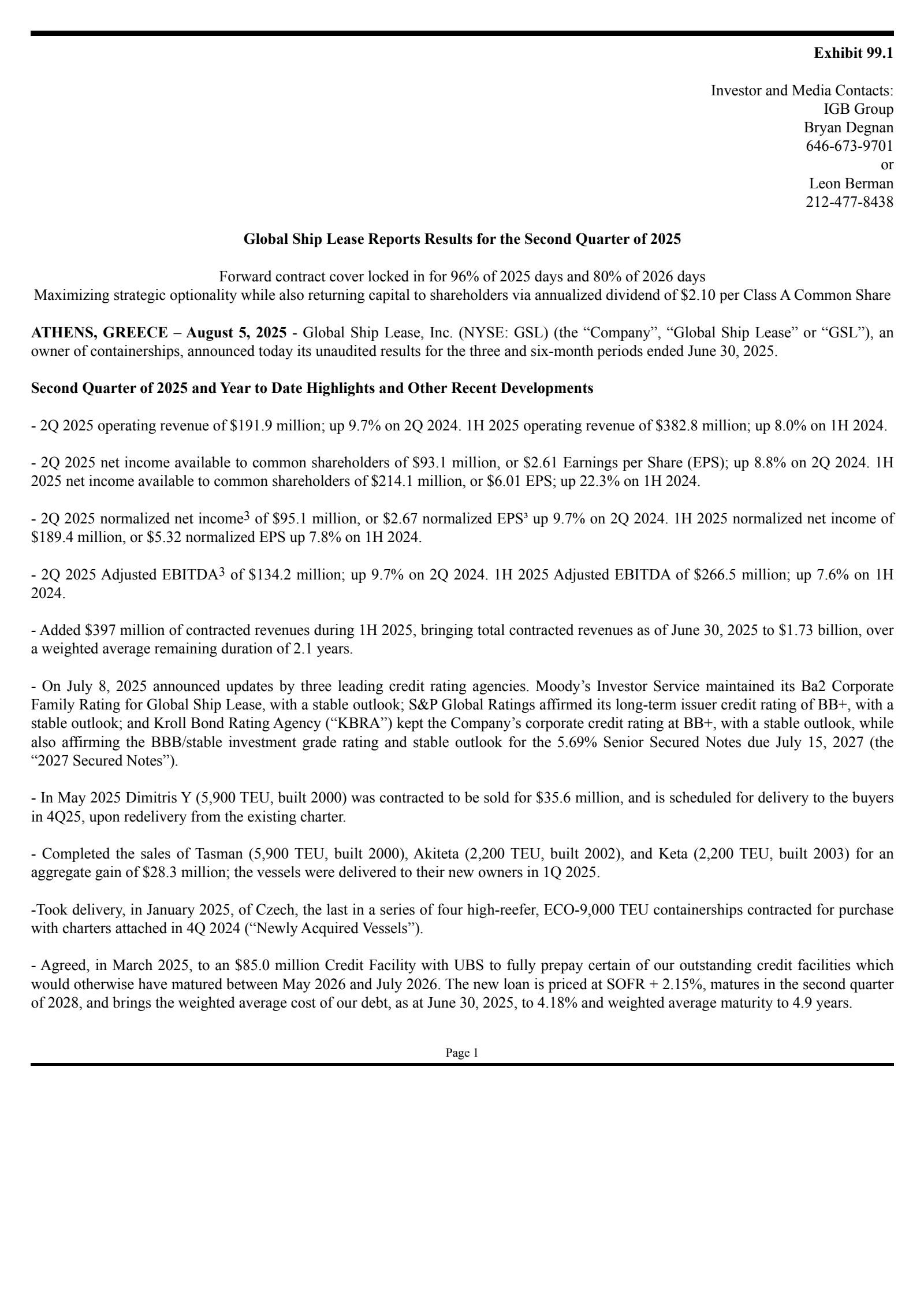 Global Ship Lease's Q2 2025 Press Release