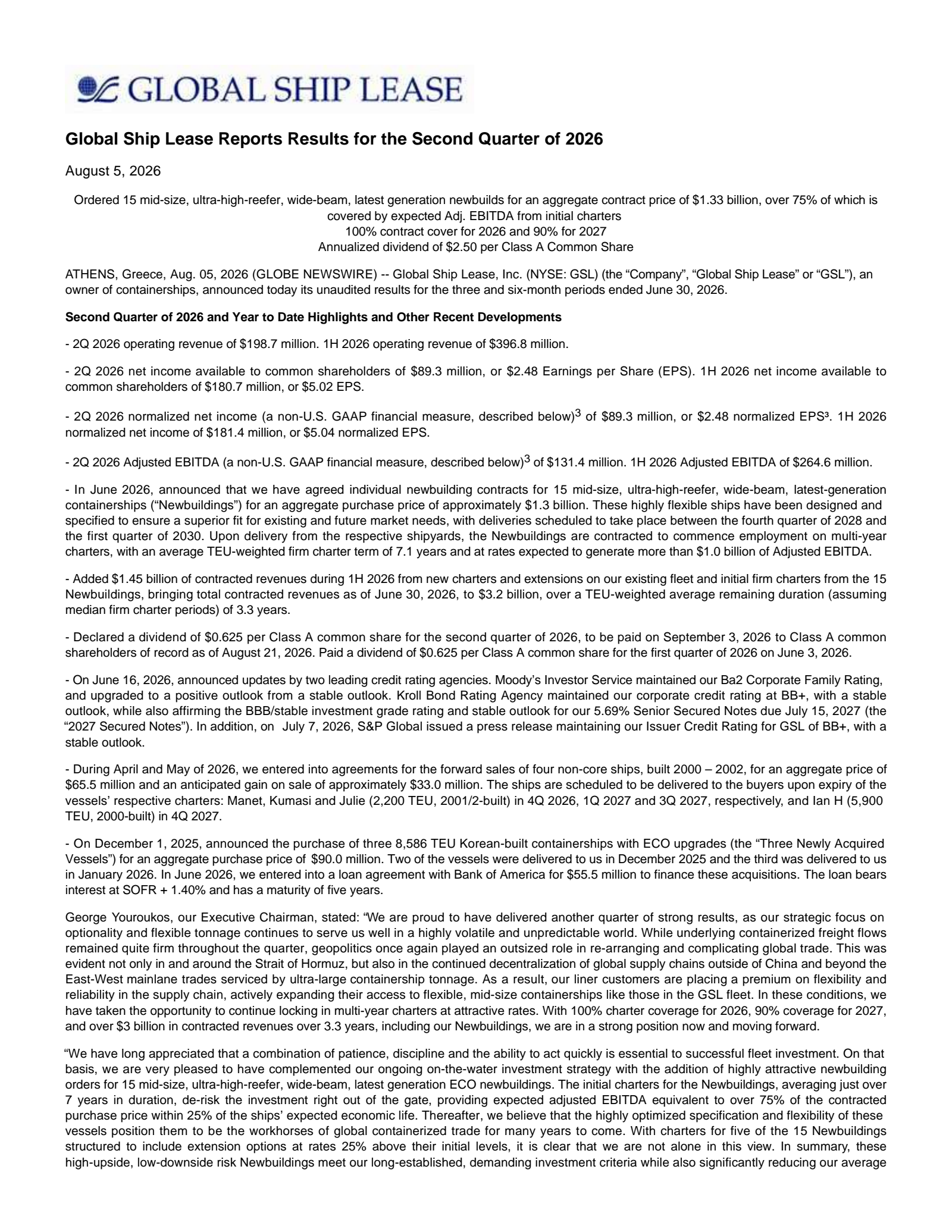 Global Ship Lease's Q2 2026 Press Release
