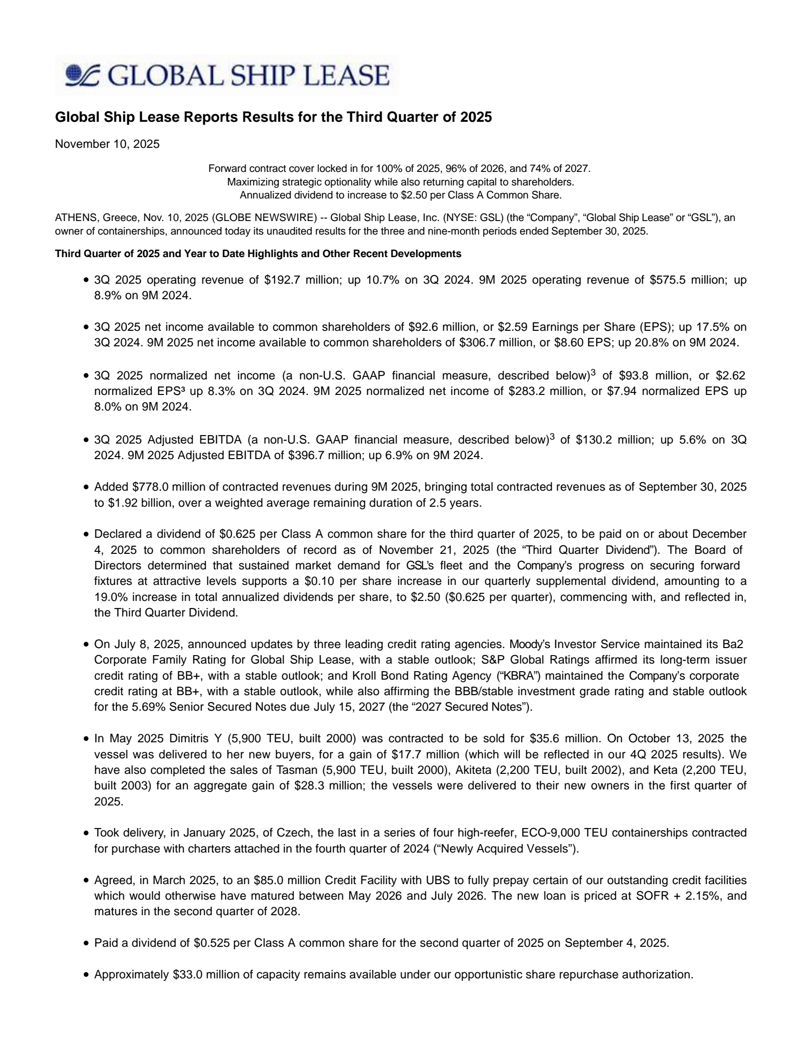Global Ship Lease's Q3 2025 Earnings Release