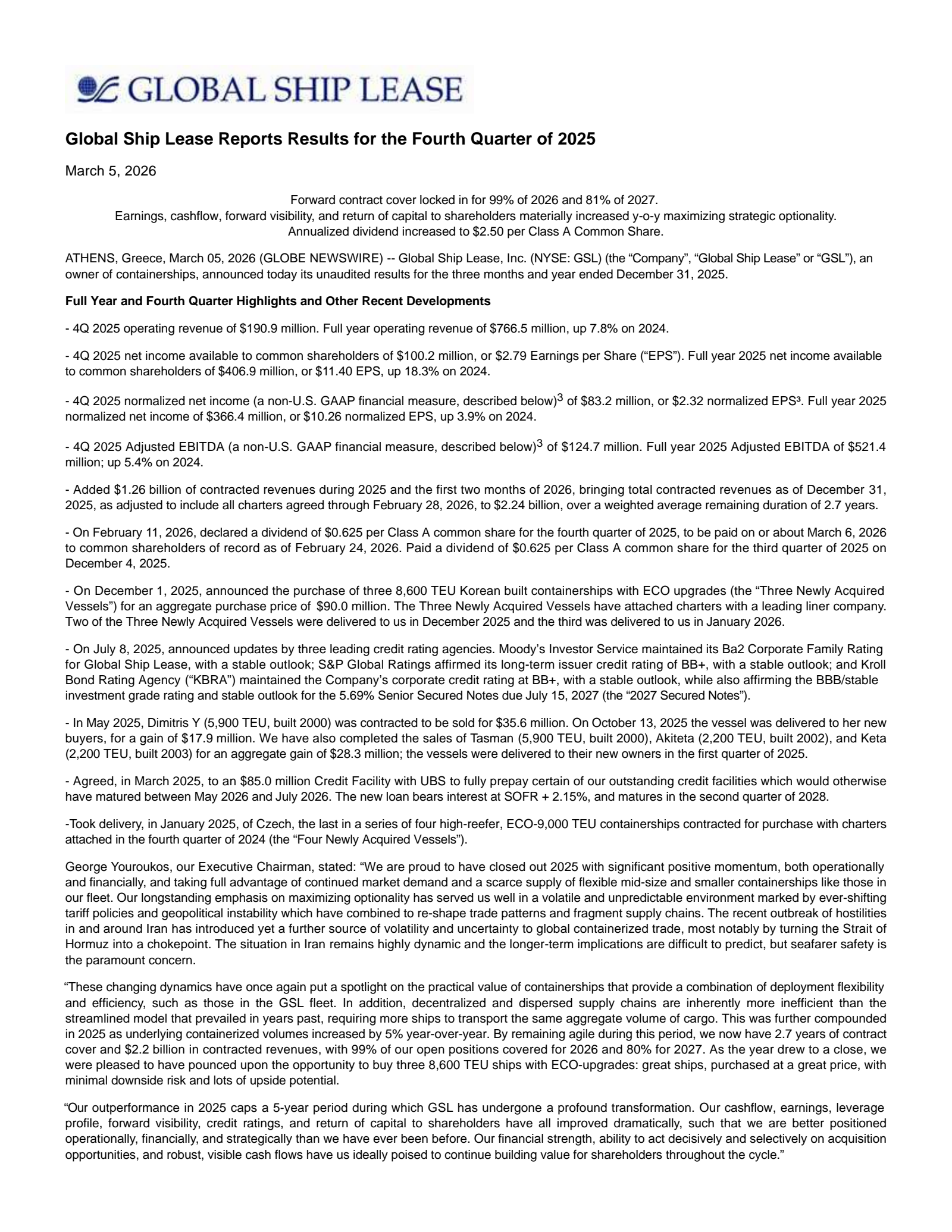Global Ship Lease's Q4 2025 Press Release