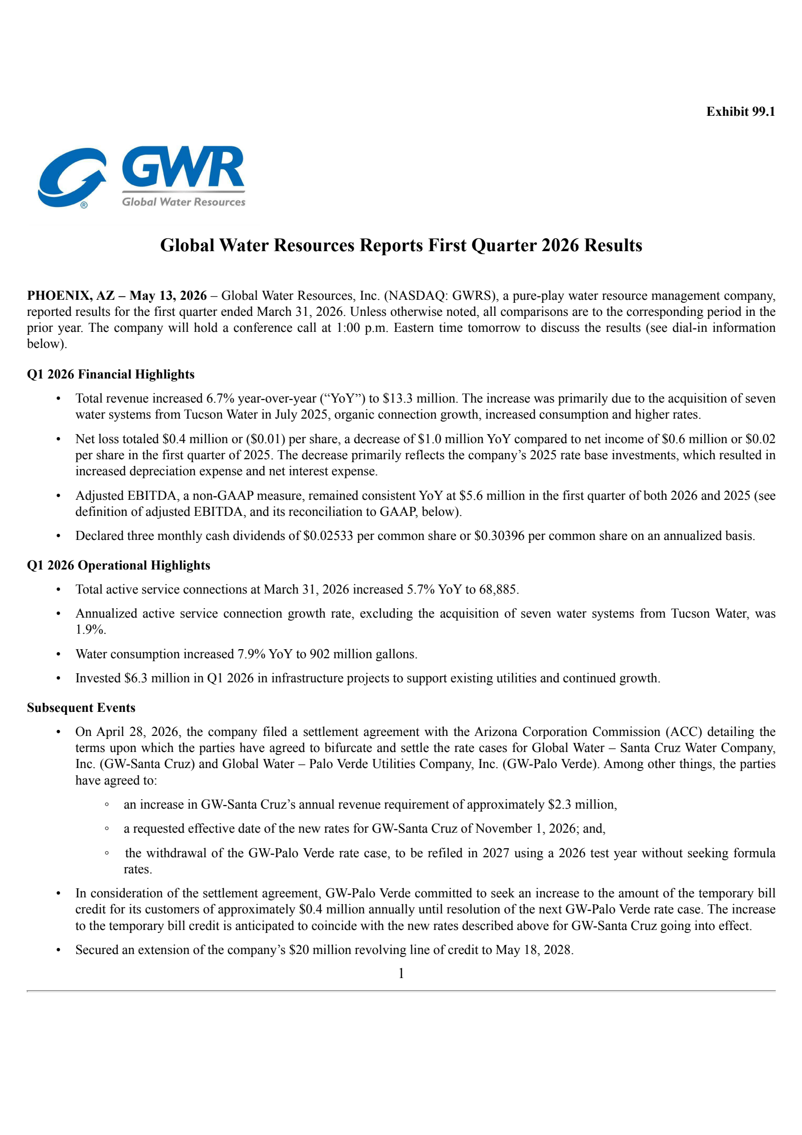 Global Water Resources' Q1 2026 Press Release