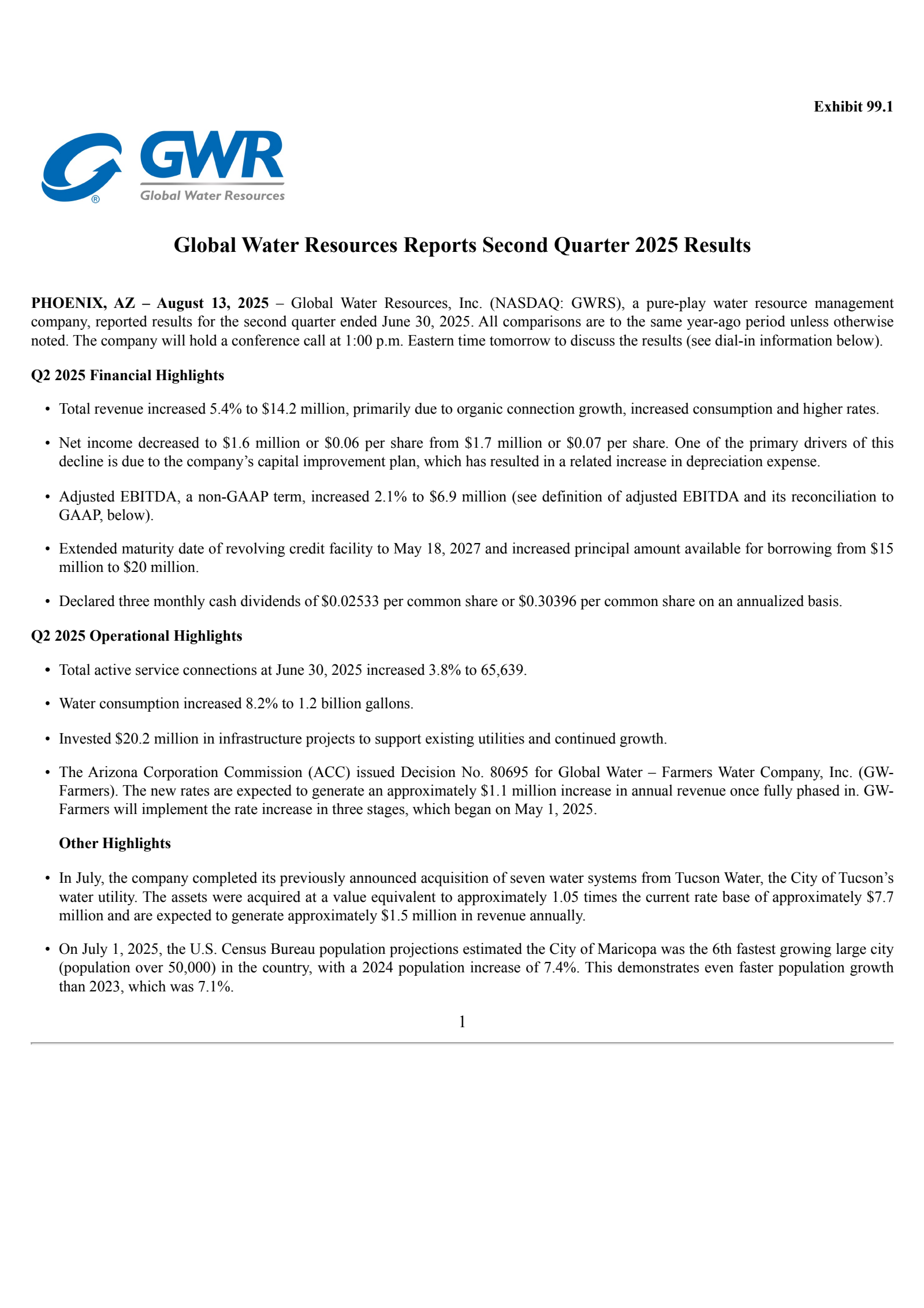 Global Water Resources' Q2 2025 Press Release