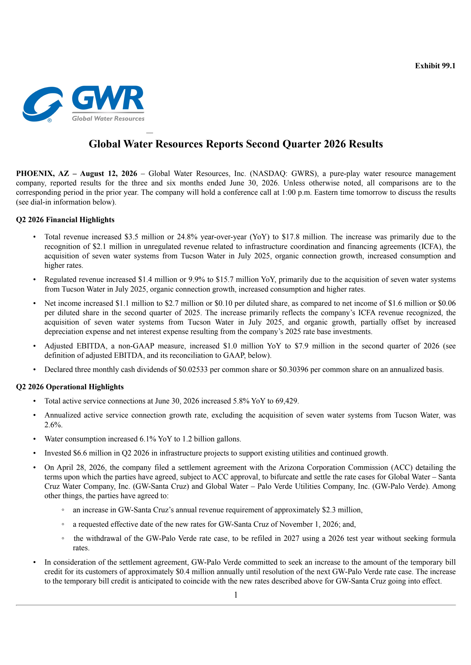 Global Water Resources' Q2 2026 Press Release