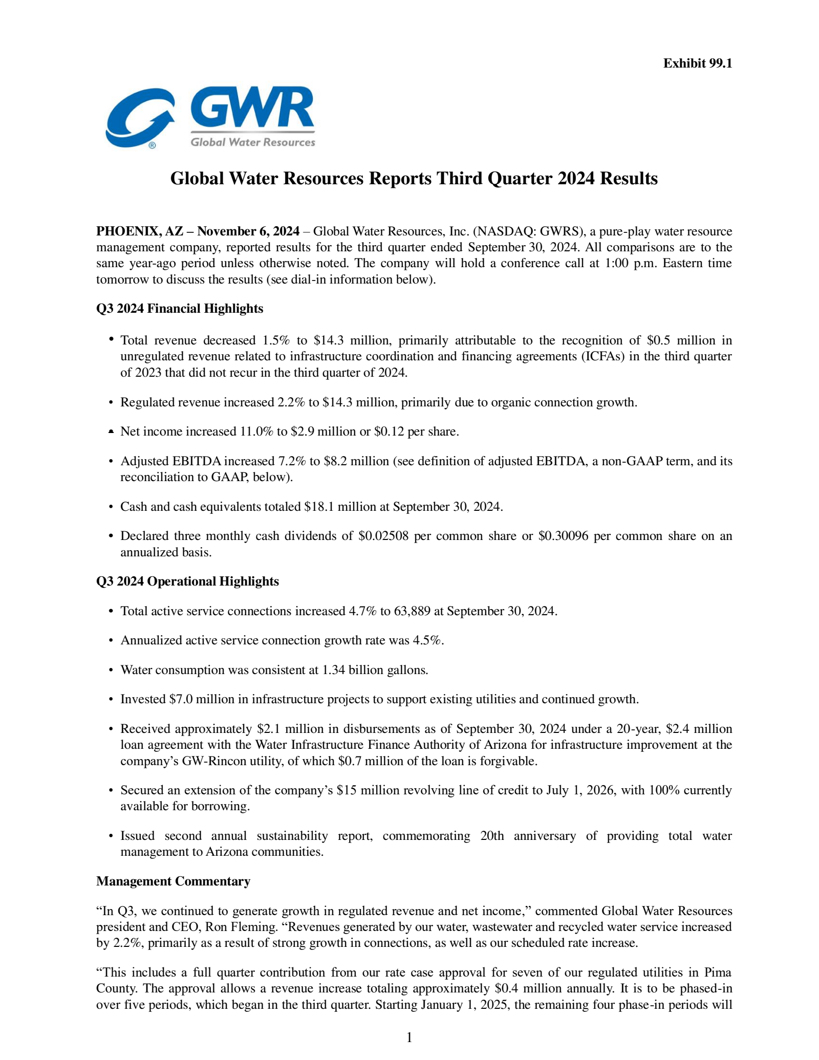 Global Water Resources' Q3 2024 Press Release