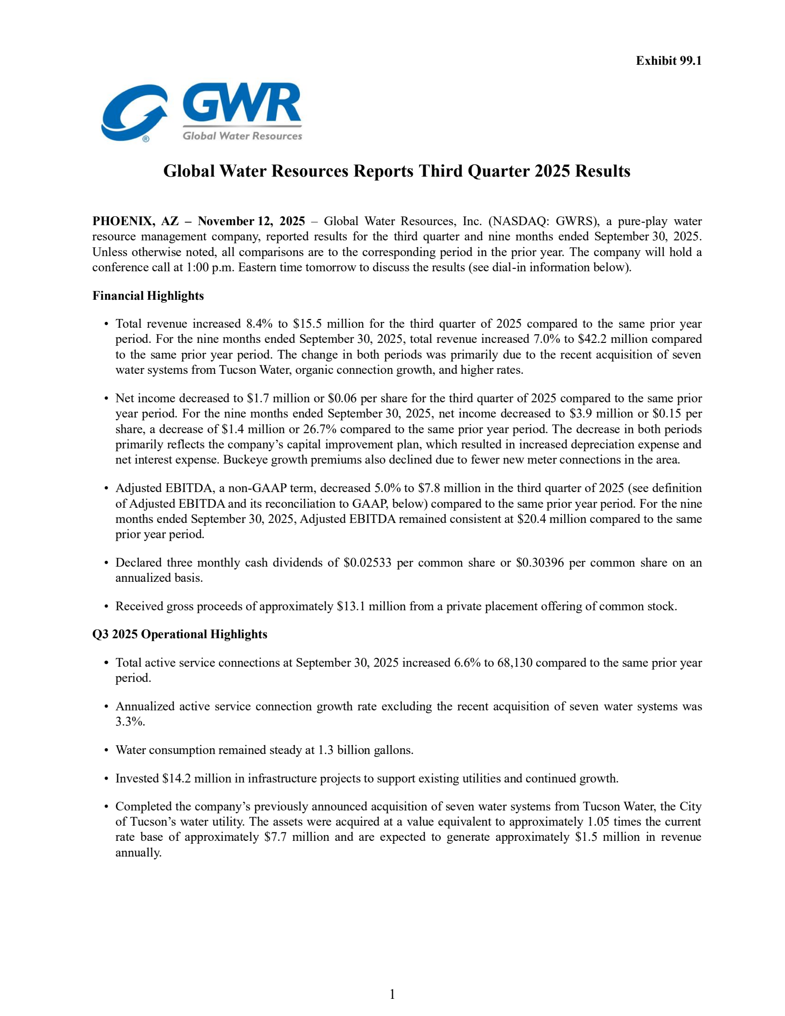 Global Water Resources' Q3 2025 Earnings Release