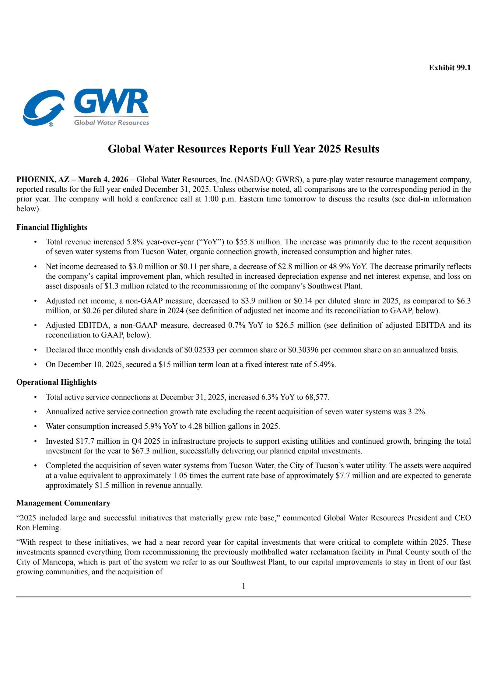 Global Water Resources' Q4 2025 Press Release