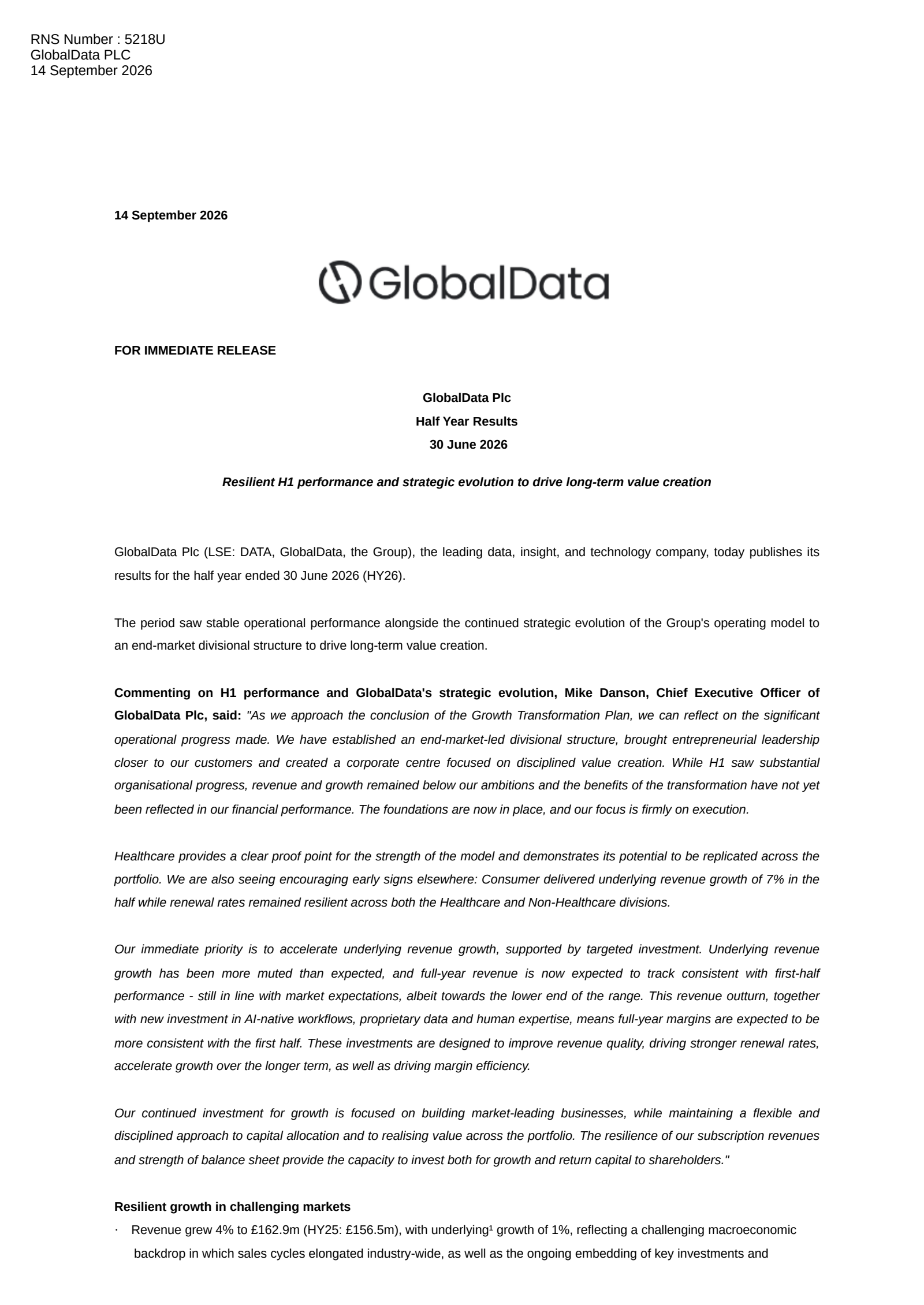 GlobalData's H1 2026 Interim report