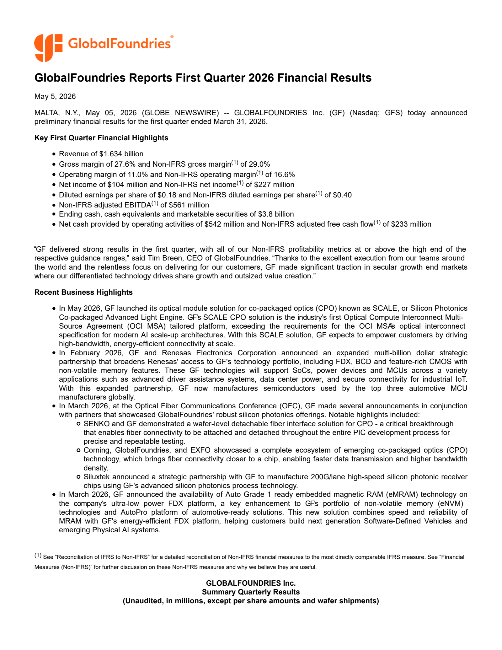 GlobalFoundries' Q1 2026 Press Release