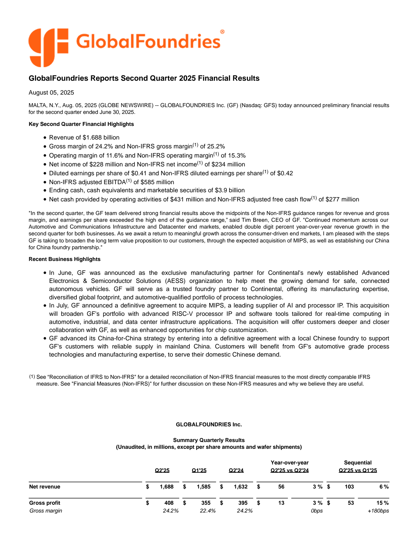 GlobalFoundries' Q2 2025 Press Release